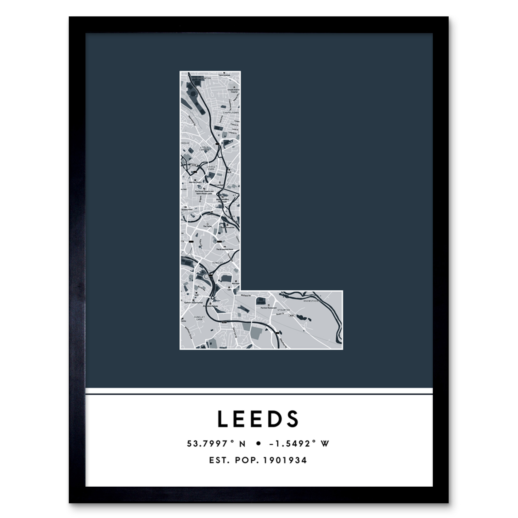 Leeds England United Kingdom City Map Typography Framed Wall Art Print 12x16 In