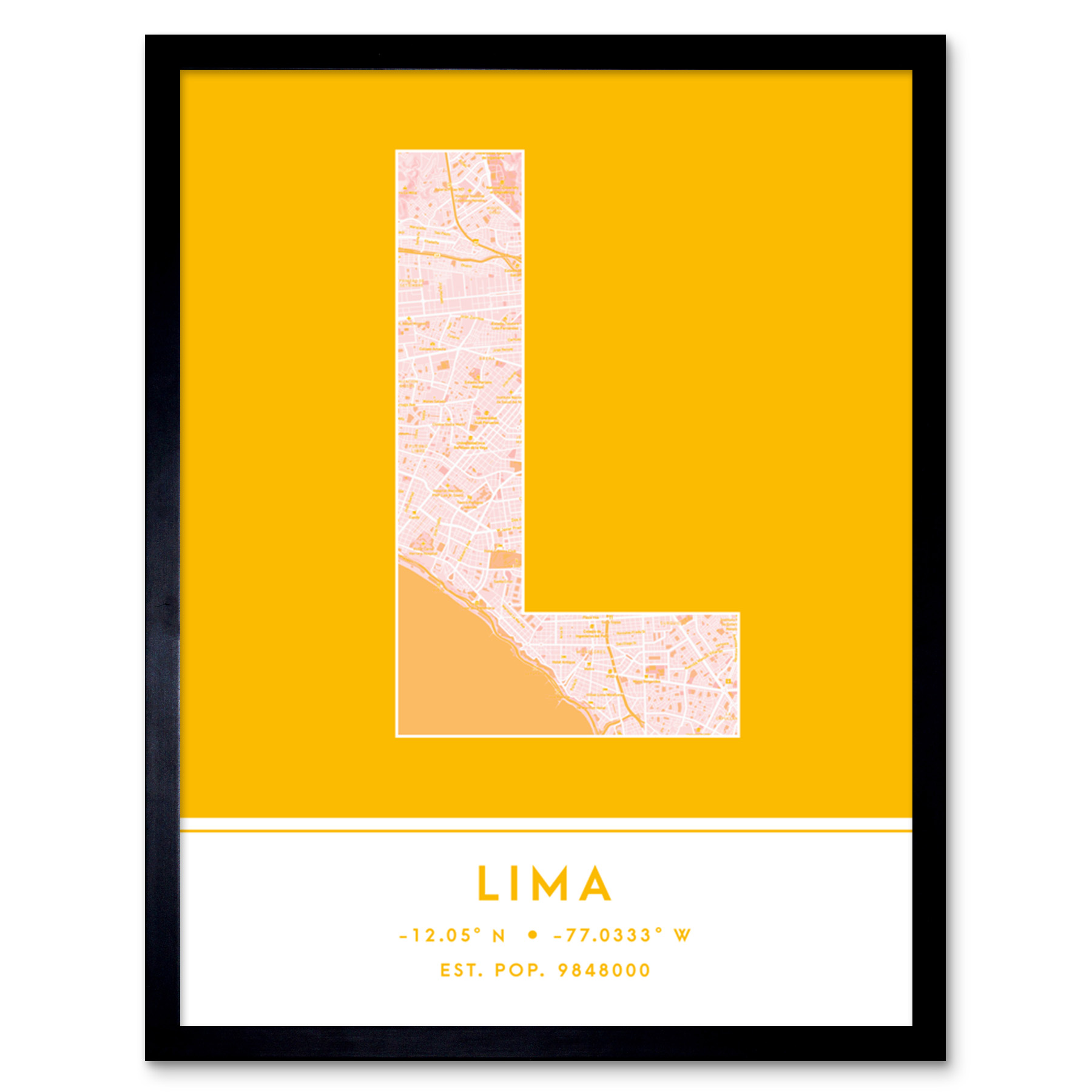 Lima Peru City Map Typography Framed Wall Art Print 12x16 In