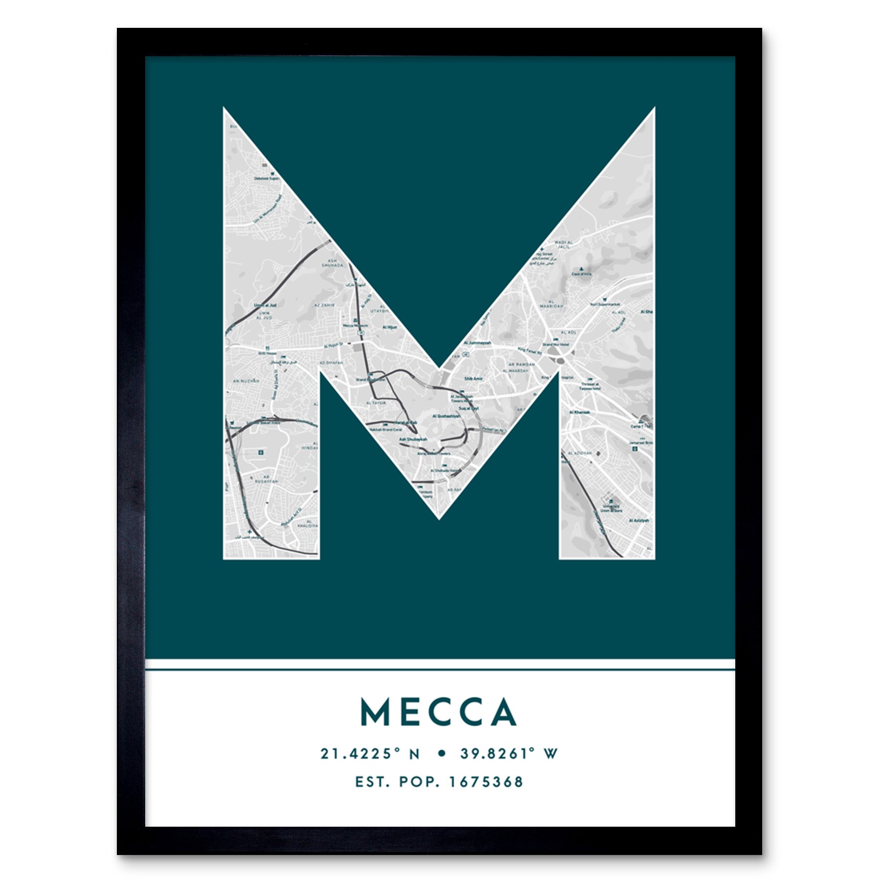 Mecca Saudi Arabia City Map Typography Framed Wall Art Print 12x16 In