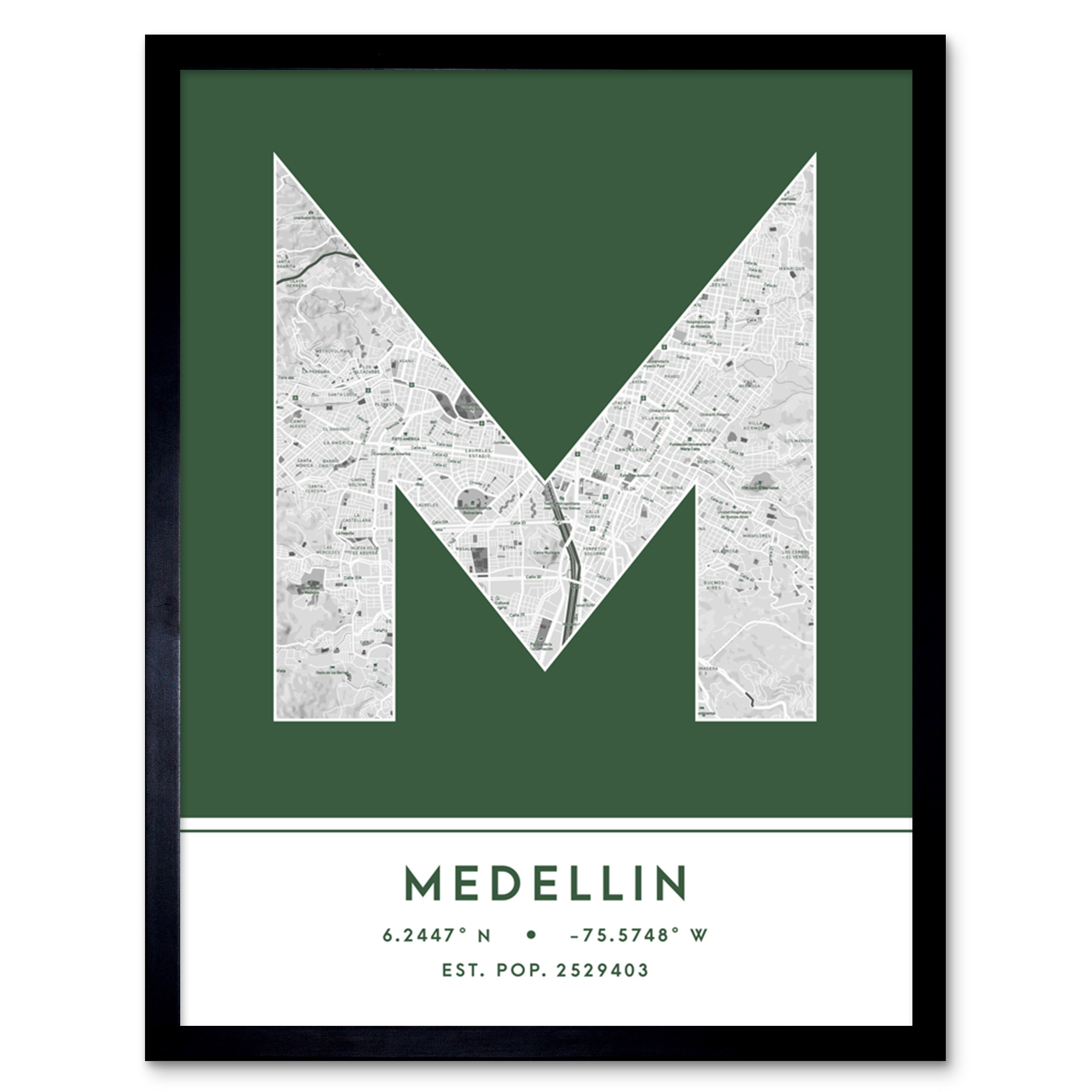 Medellin Colombia City Map Typography Framed Wall Art Print 12x16 In