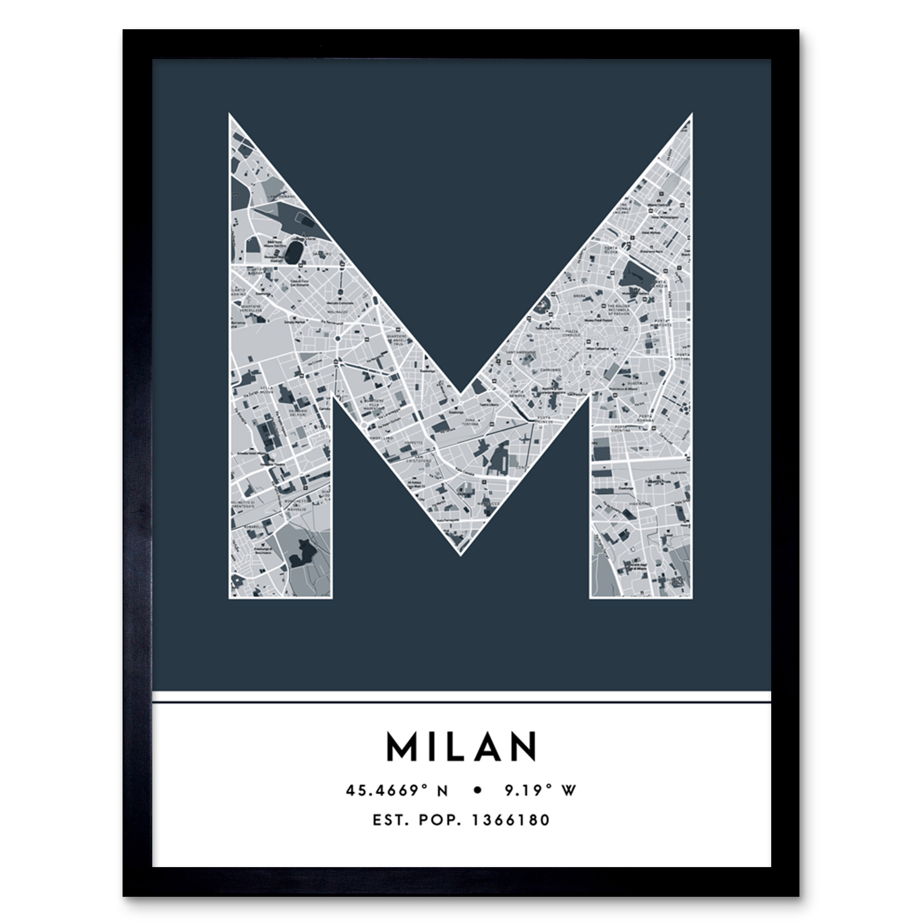 Milan Italy City Map Typography Framed Wall Art Print 12x16 In