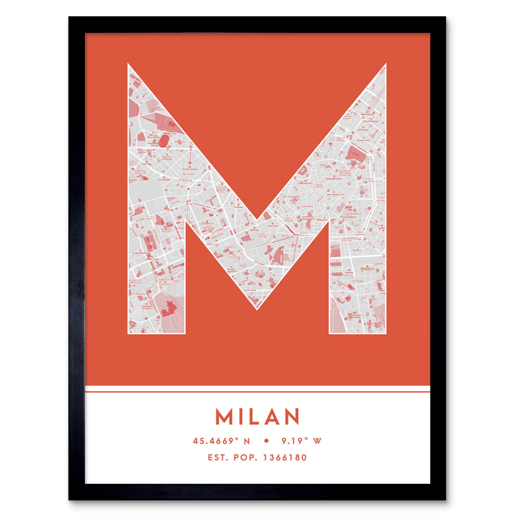 Milan Italy City Map Typography Framed Wall Art Print 12x16 In