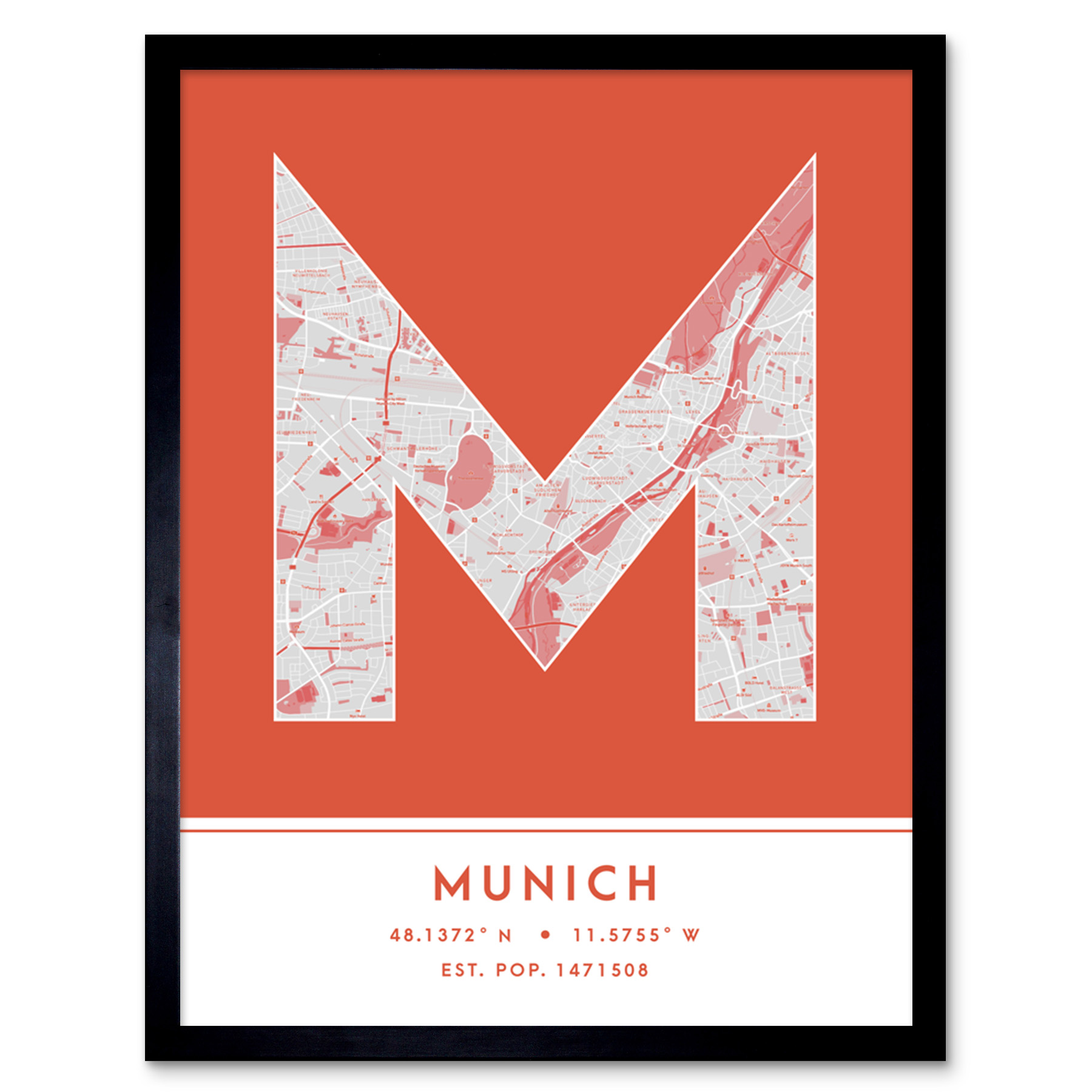 Munich Germany City Map Typography Framed Wall Art Print 12x16 In