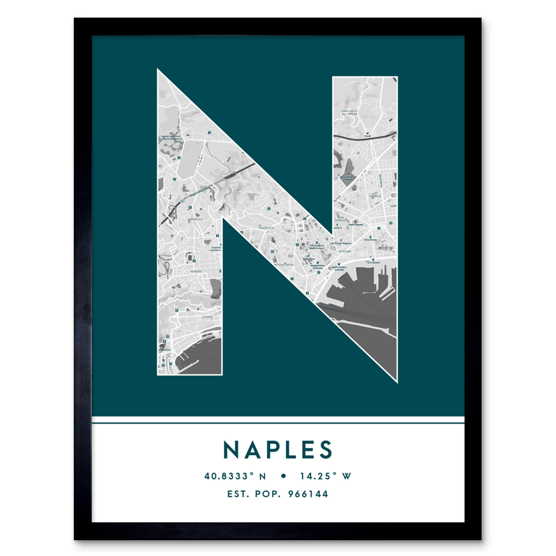 Naples Italy City Map Typography Framed Wall Art Print 12x16 In