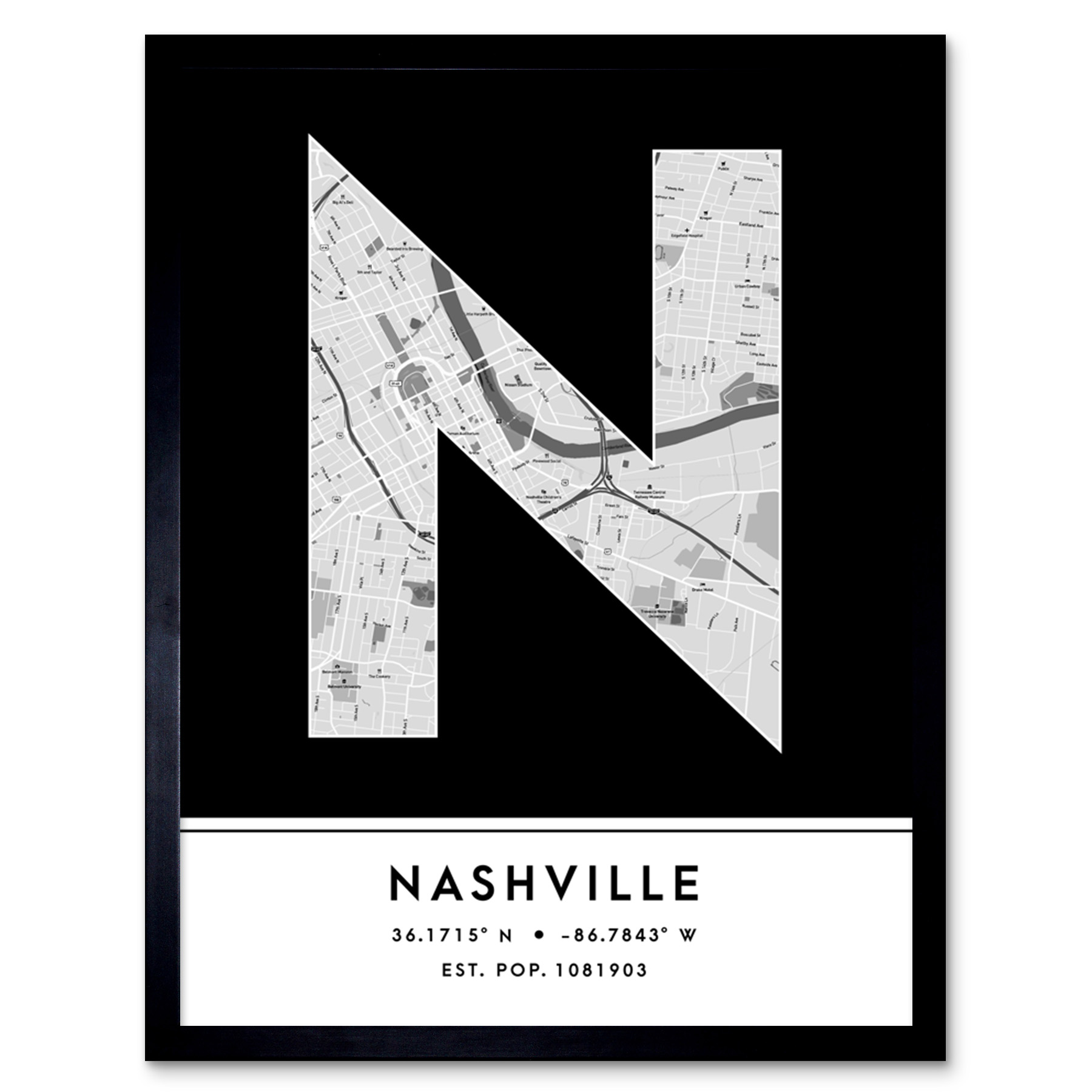 Nashville Tennessee United States City Map Typography Framed Art Print 12x16 In