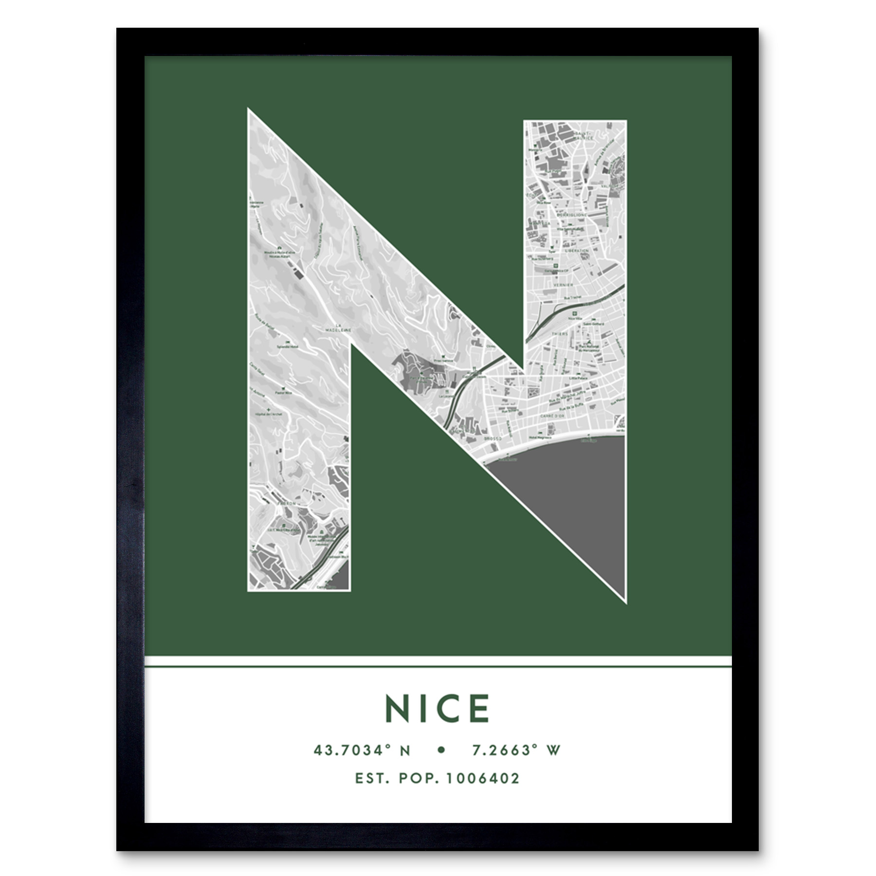 Nice France City Map Typography Framed Wall Art Print 12x16 In