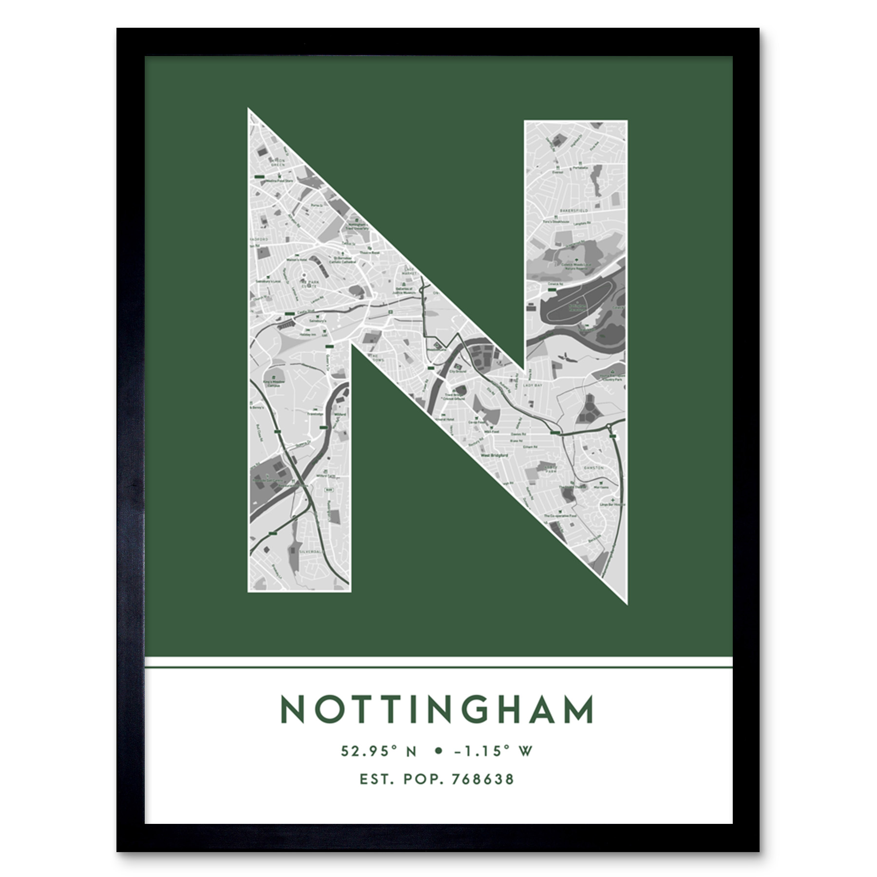 Nottingham England United Kingdom City Map Typography Framed Art Print 12x16 In