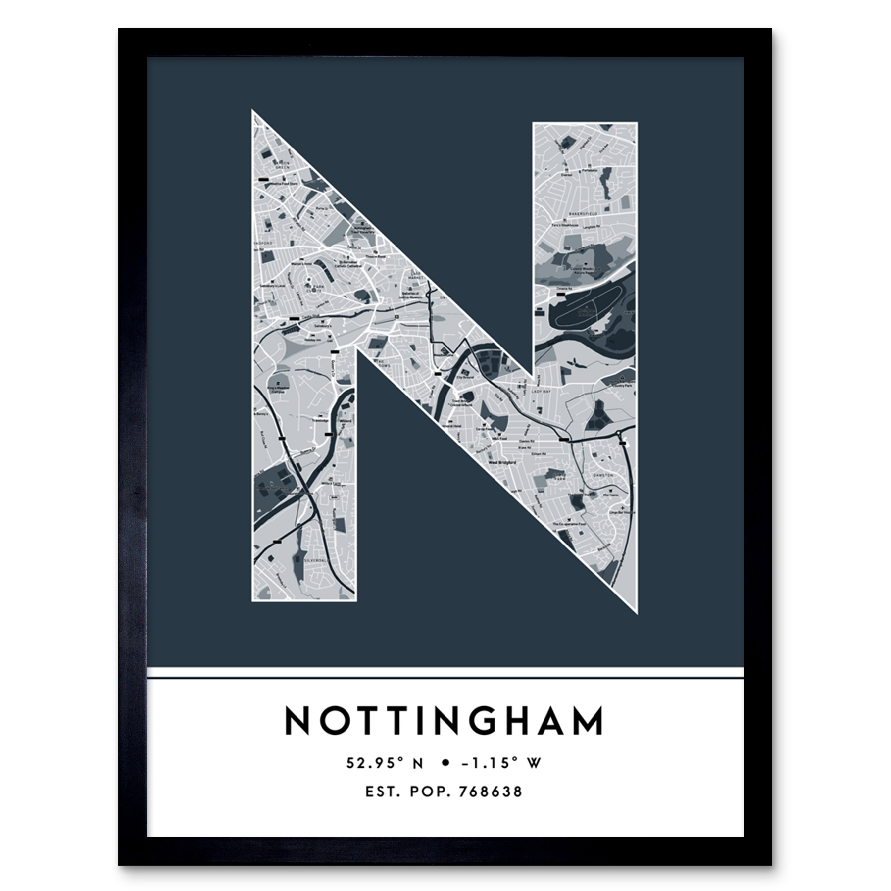 Nottingham England United Kingdom City Map Typography Framed Art Print 12x16 In