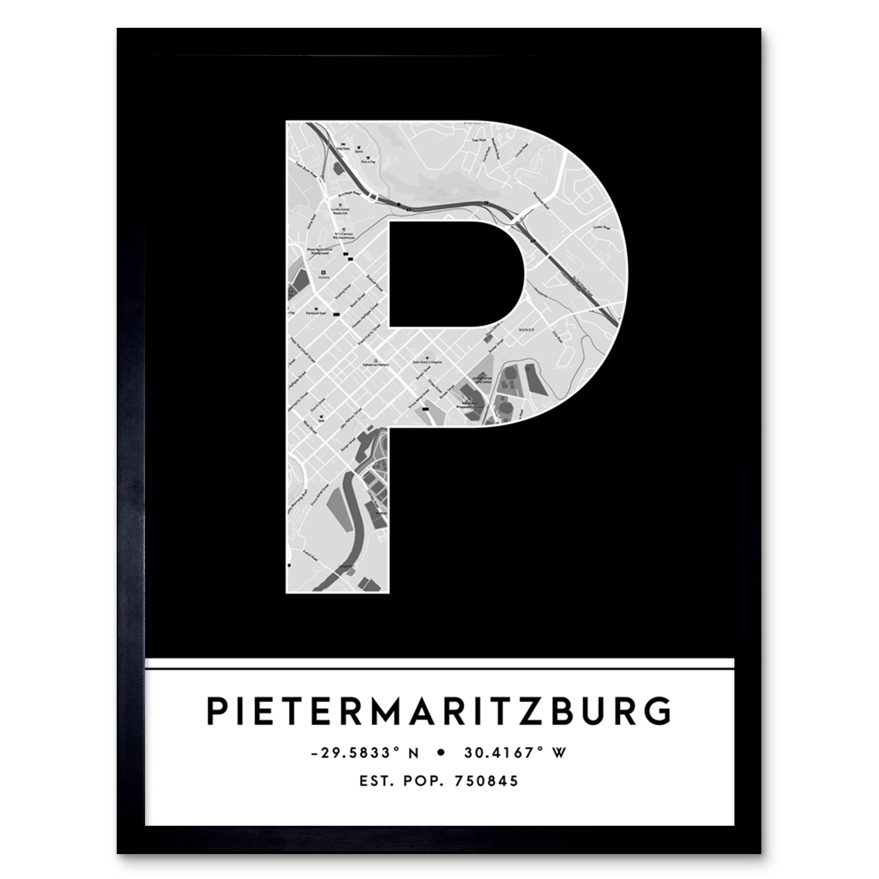 Pietermaritzburg South Africa City Map Typography Framed Wall Art Print 12x16 In