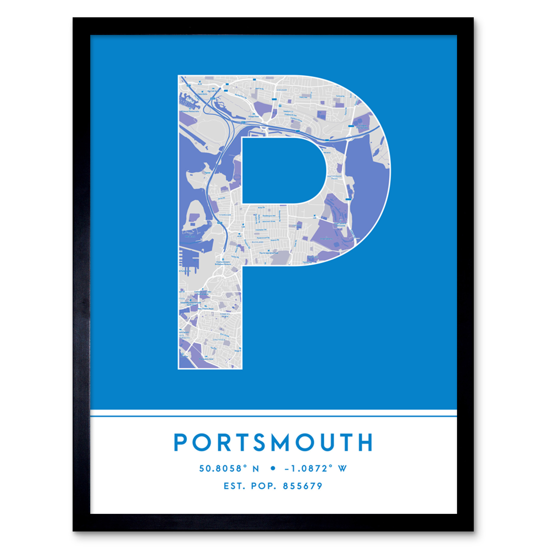Portsmouth England United Kingdom City Map Typography Framed Art Print 12x16 In