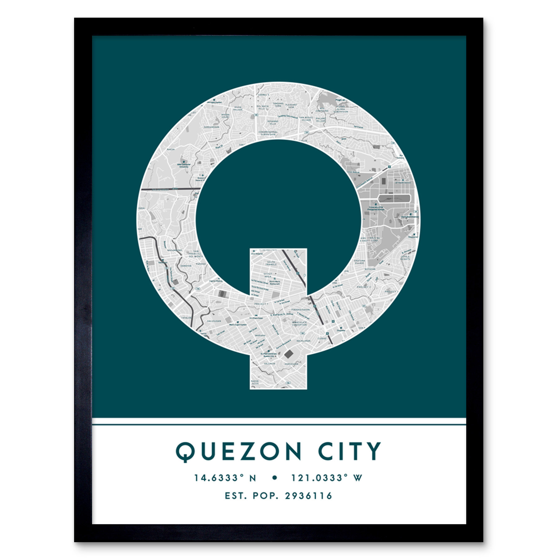 Quezon City Philippines City Map Typography Framed Wall Art Print 12x16 In