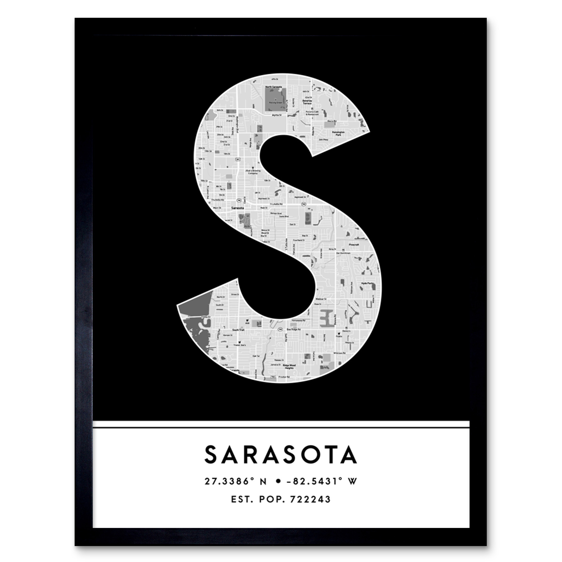 Sarasota Florida United States City Map Typography Framed Wall Art Print 12x16