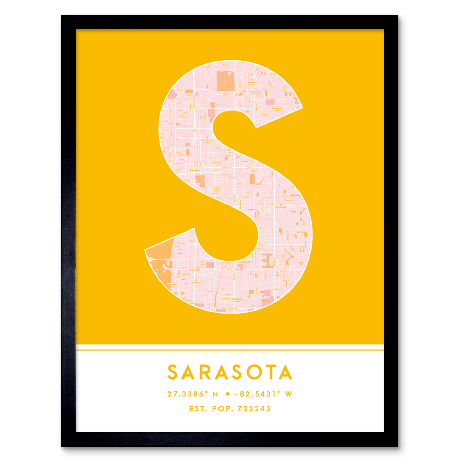 Sarasota Florida United States City Map Typography Framed Wall Art Print 12x16
