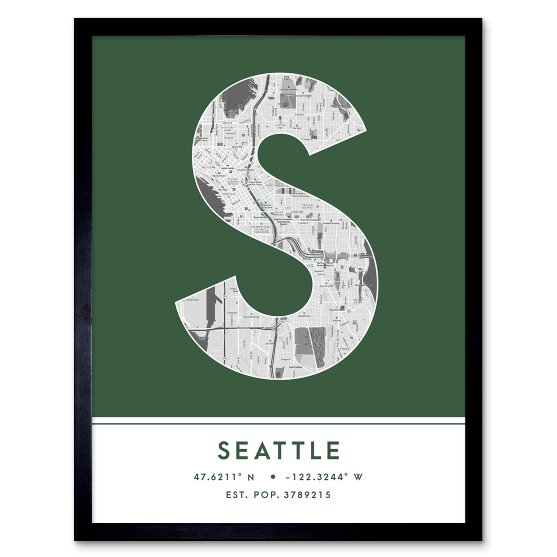 Seattle Washington United States City Map Typography Framed Wall Art Print 12x16