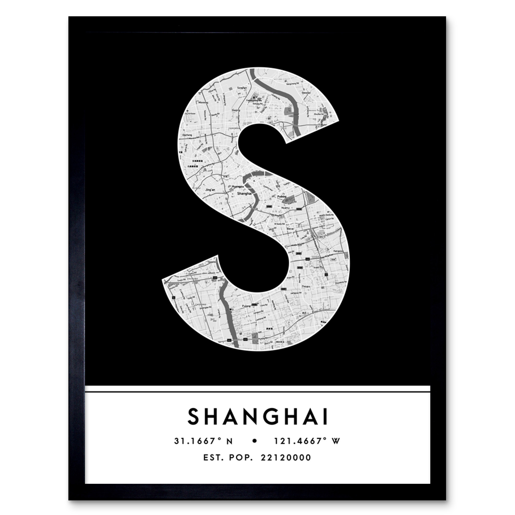 Shanghai China City Map Typography Framed Wall Art Print 12x16 In