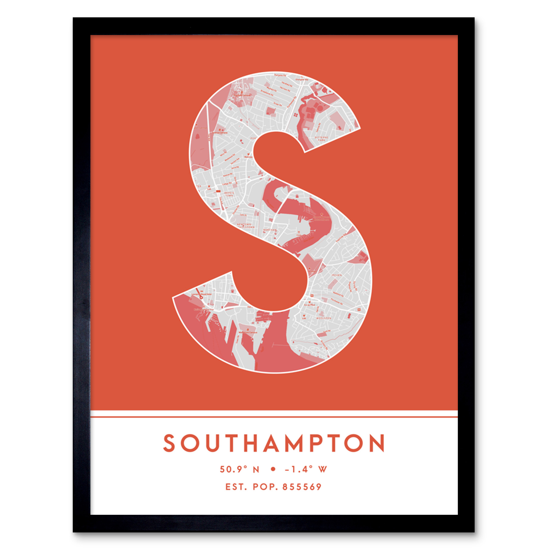Southampton England United Kingdom City Map Typography Framed Art Print 12x16 In