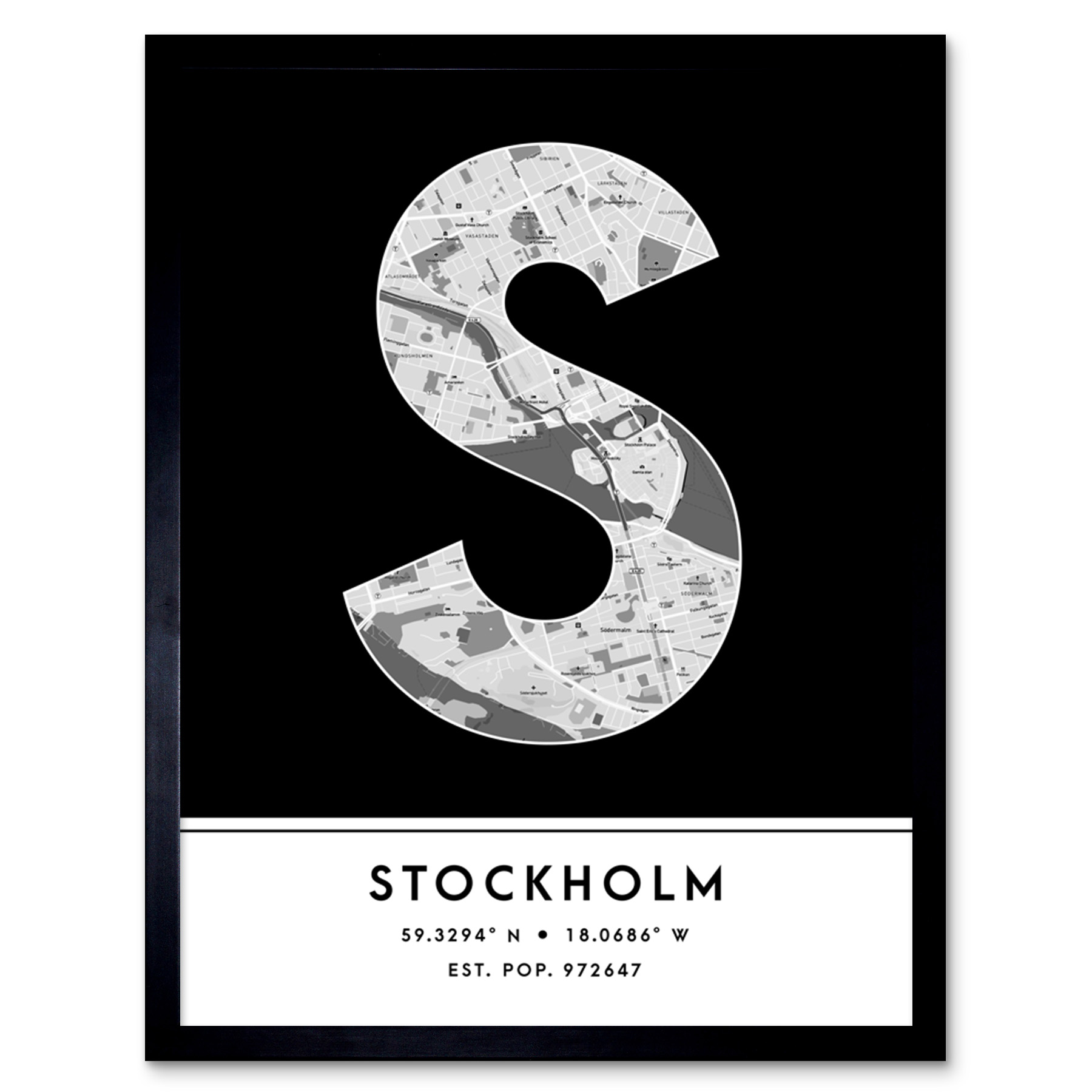 Stockholm Sweden City Map Typography Framed Wall Art Print 12x16 In