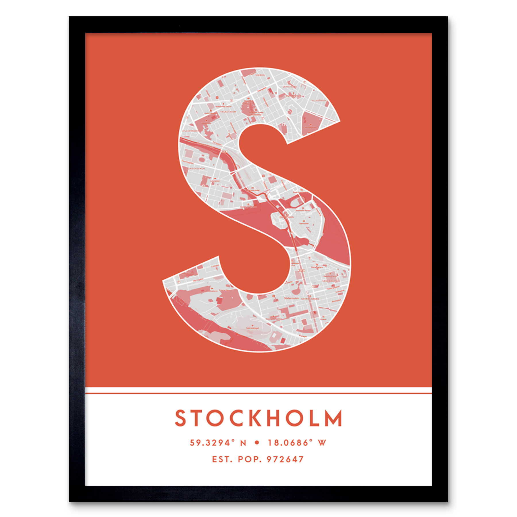 Stockholm Sweden City Map Typography Framed Wall Art Print 12x16 In