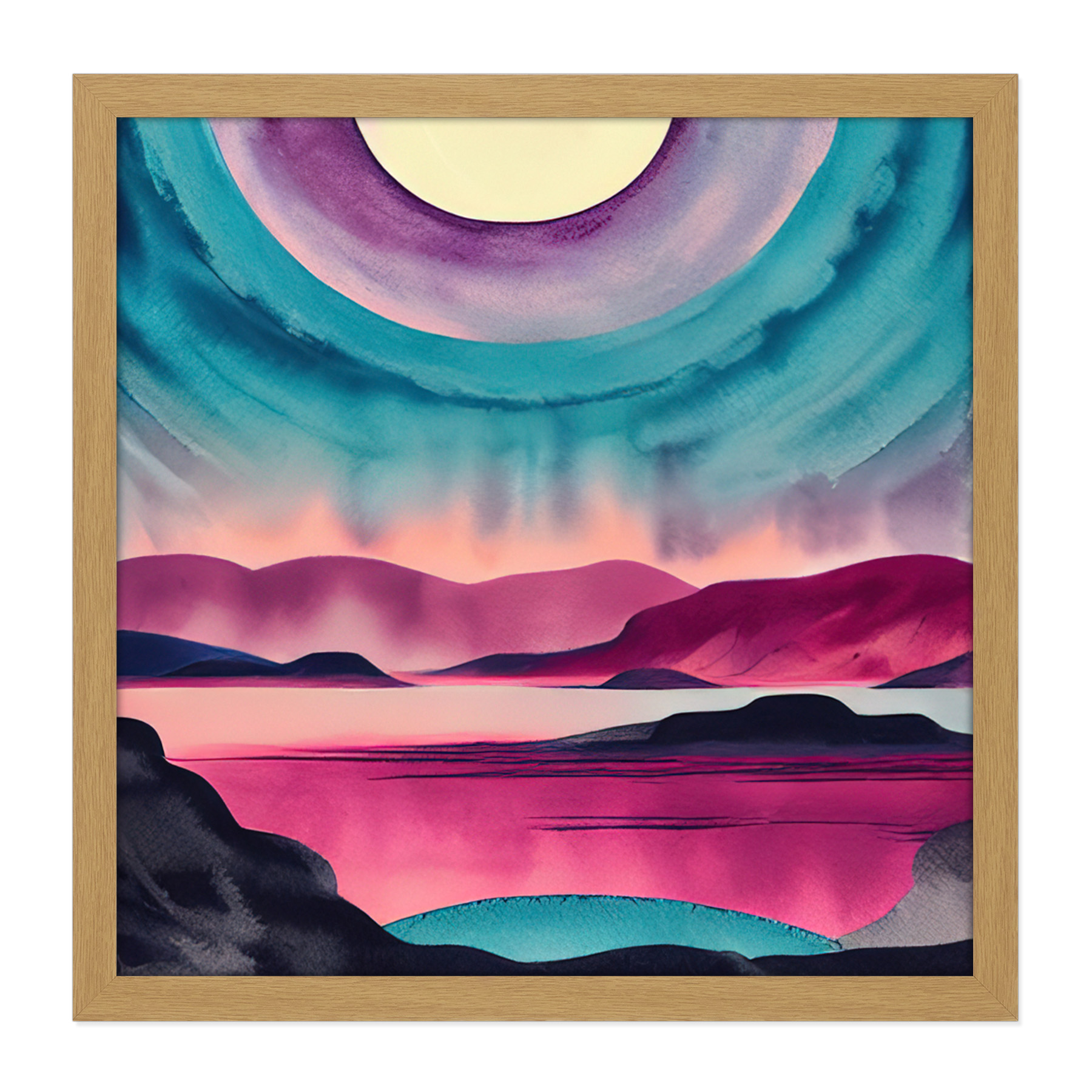 Moonrise After Sunset Landscape In Pink Square Frame Print Picture Wall Art