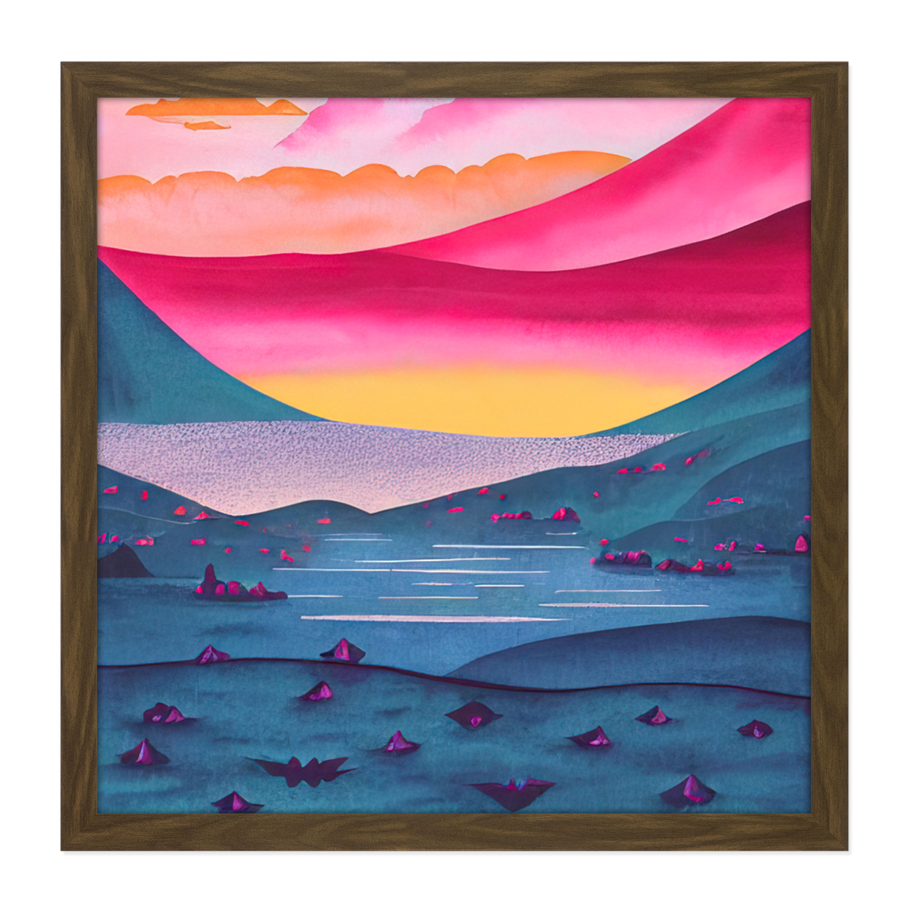 Peace Lake Landscape Sunrise Watercolour Square Frame Print Picture Wall Art