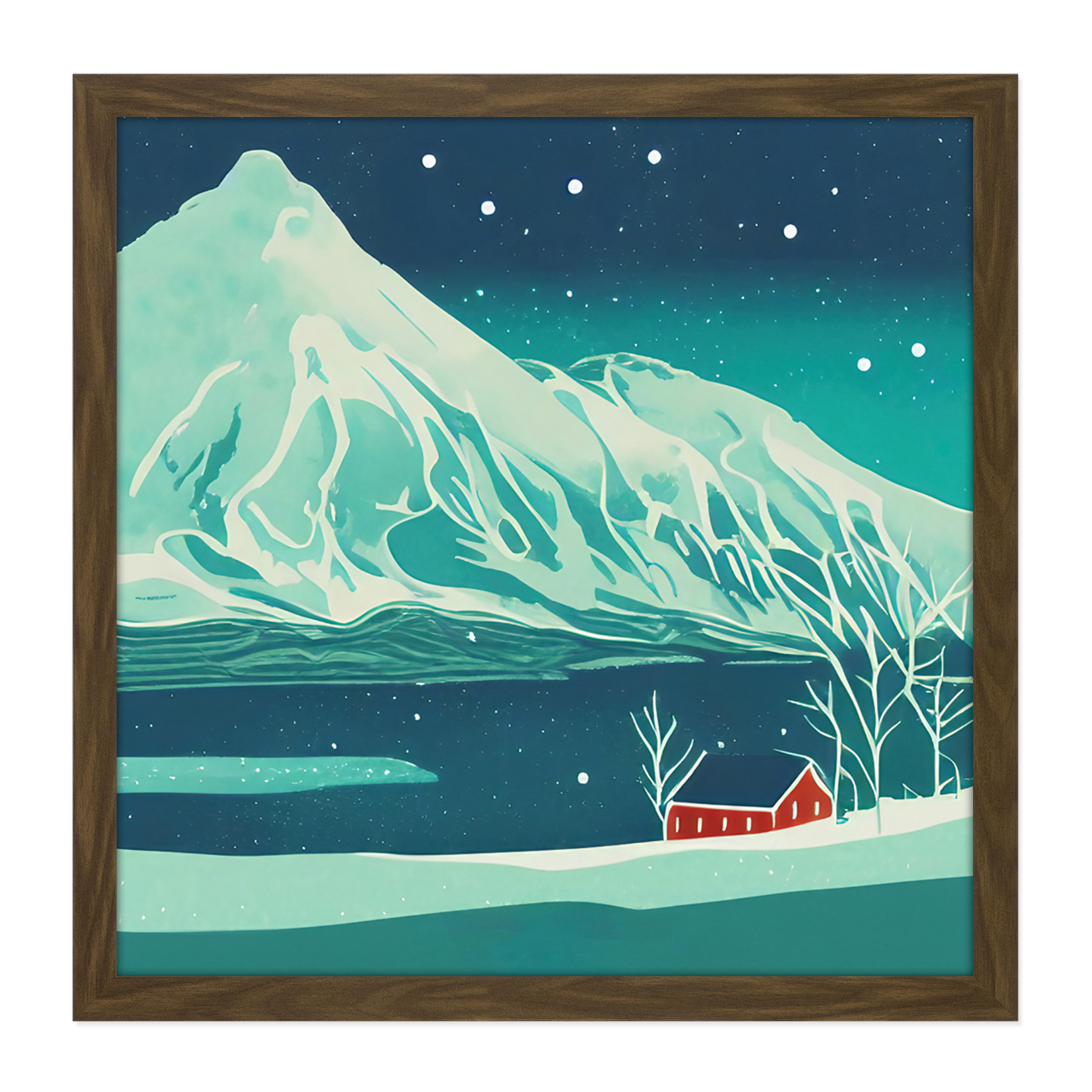 The Red House Norway Fjords Winter Hills Square Frame Print Picture Wall Art