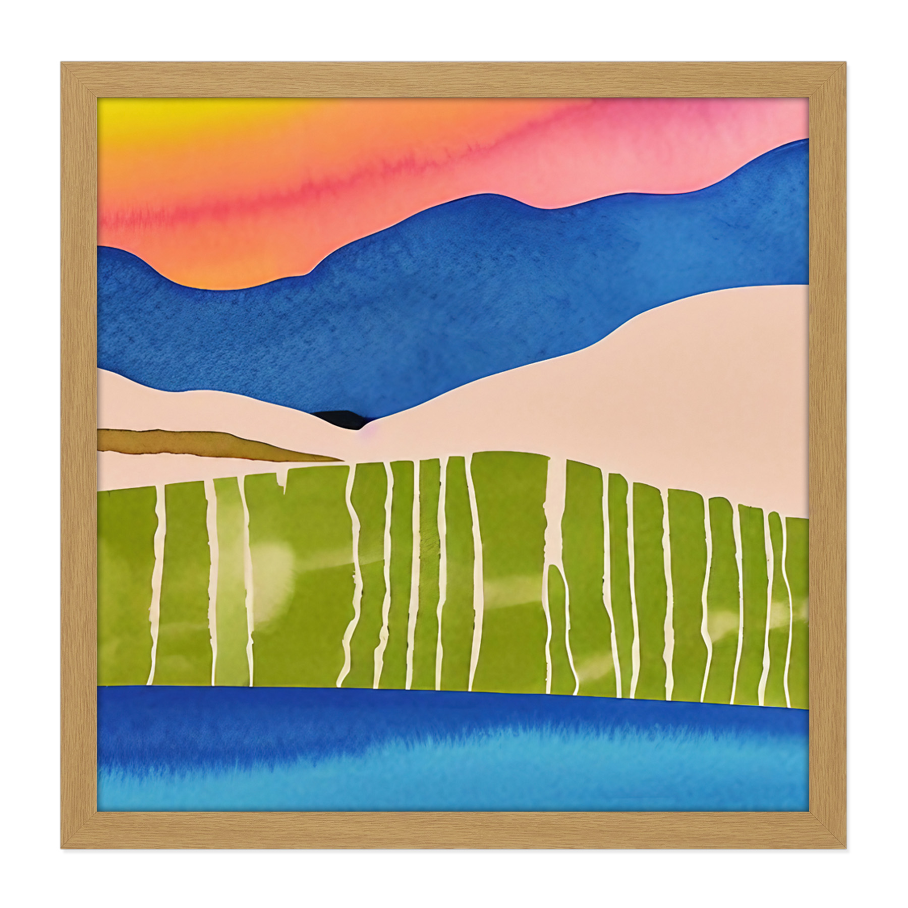 Abstract Sunset Landscape Watercolour Square Frame Print Picture Wall Art