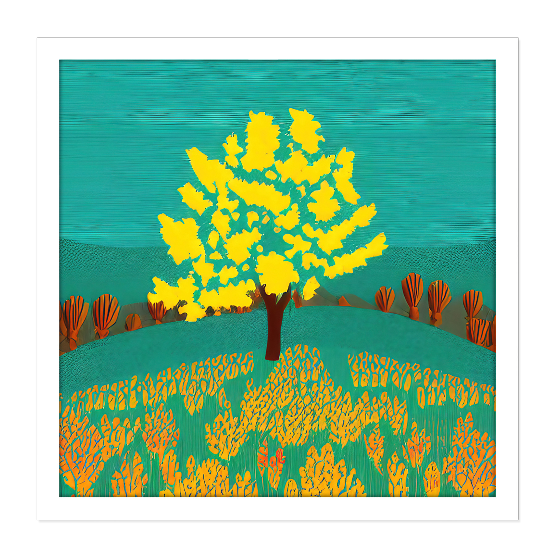 Bright Yellow Tree Hill Autumn Square Frame Print Picture Wall Art