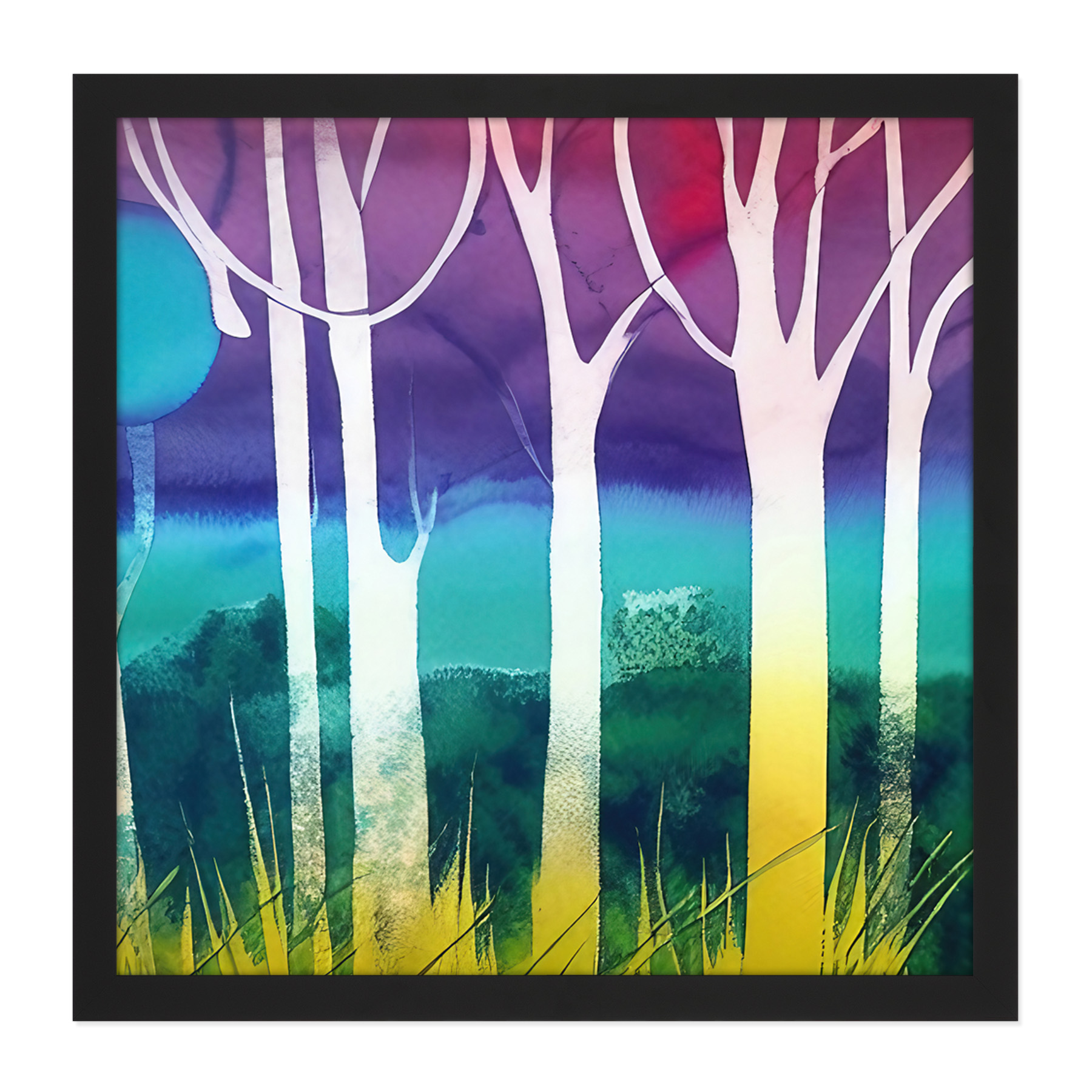 Jungle Forest Bright Tree Watercolour Square Frame Print Picture Wall Art
