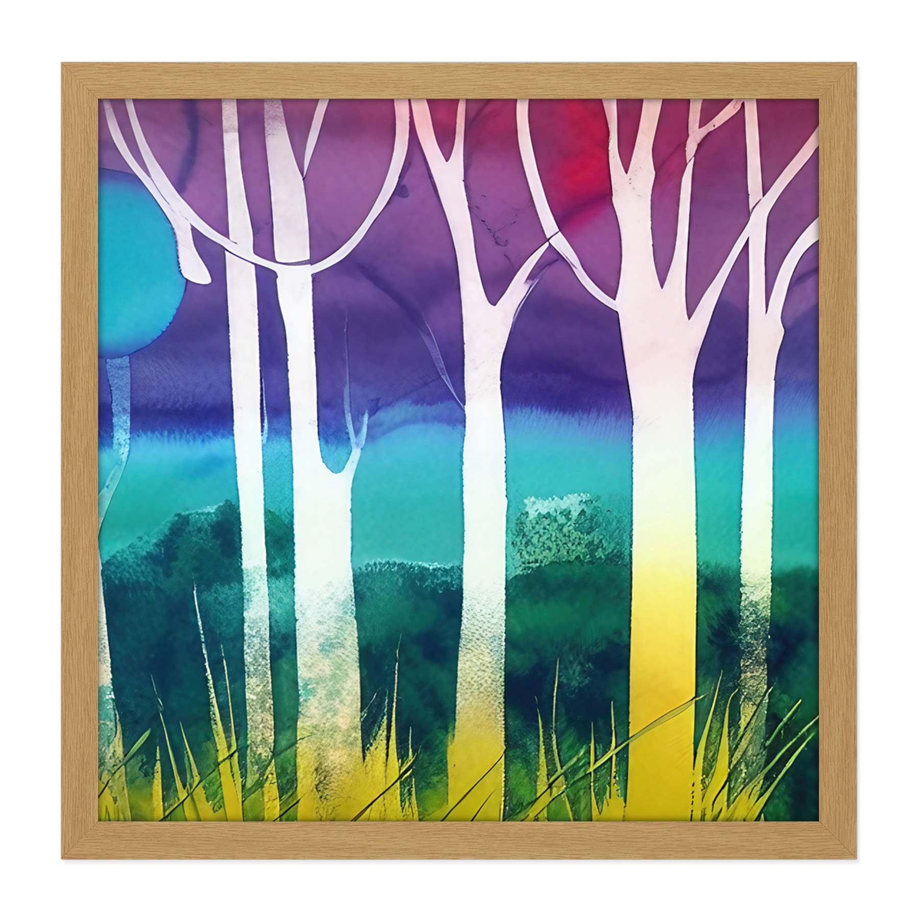 Jungle Forest Bright Tree Watercolour Square Frame Print Picture Wall Art