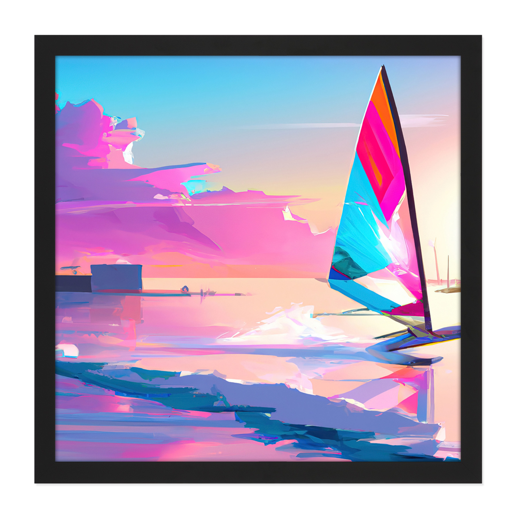 Seascape Windsurfer Bright Watercolour Square Frame Print Picture Wall Art