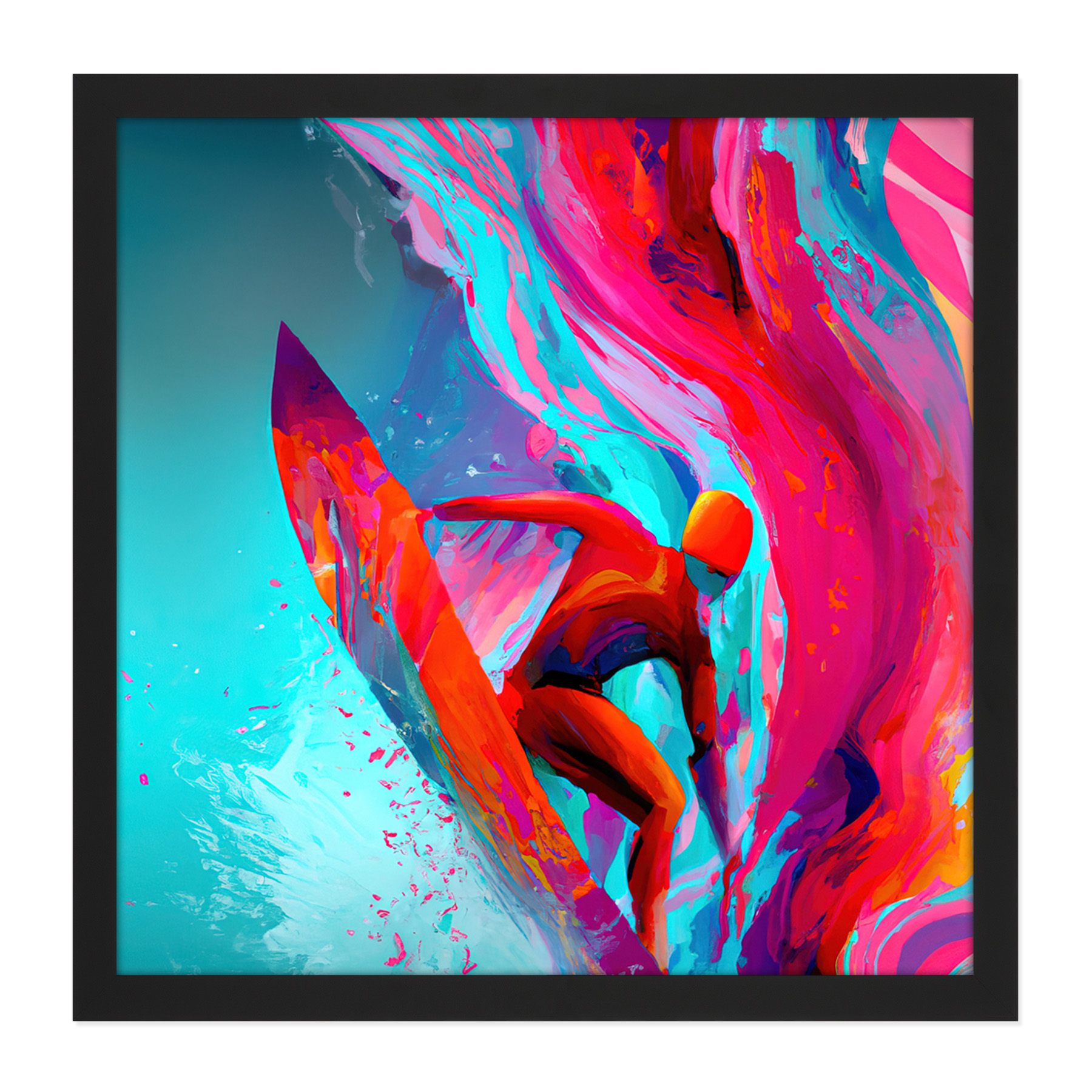 Surfer Wave Sea Bright Watercolour Square Frame Print Picture Wall Art