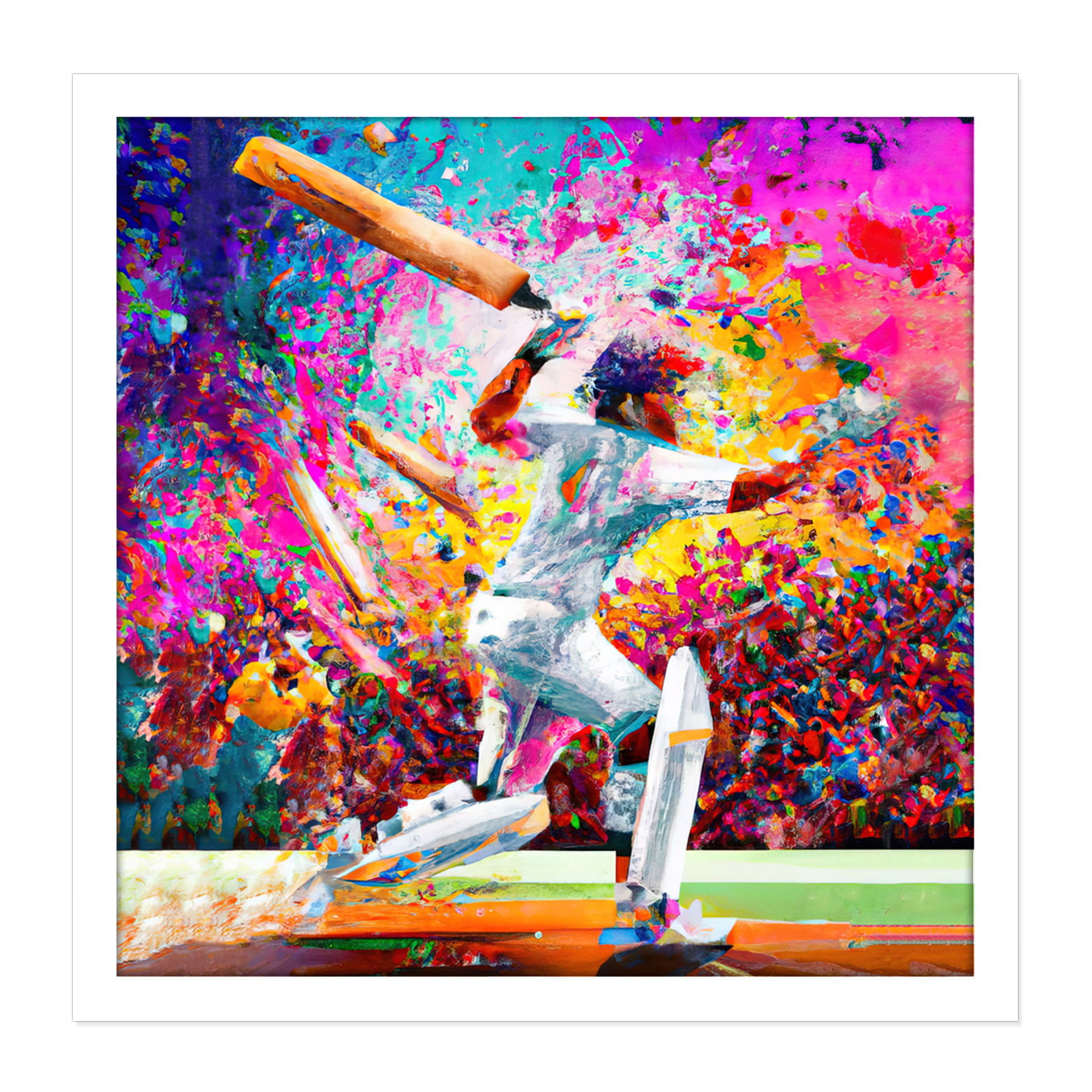 Indian Cricket Batsman Vibrant Pink Square Frame Print Picture Wall Art
