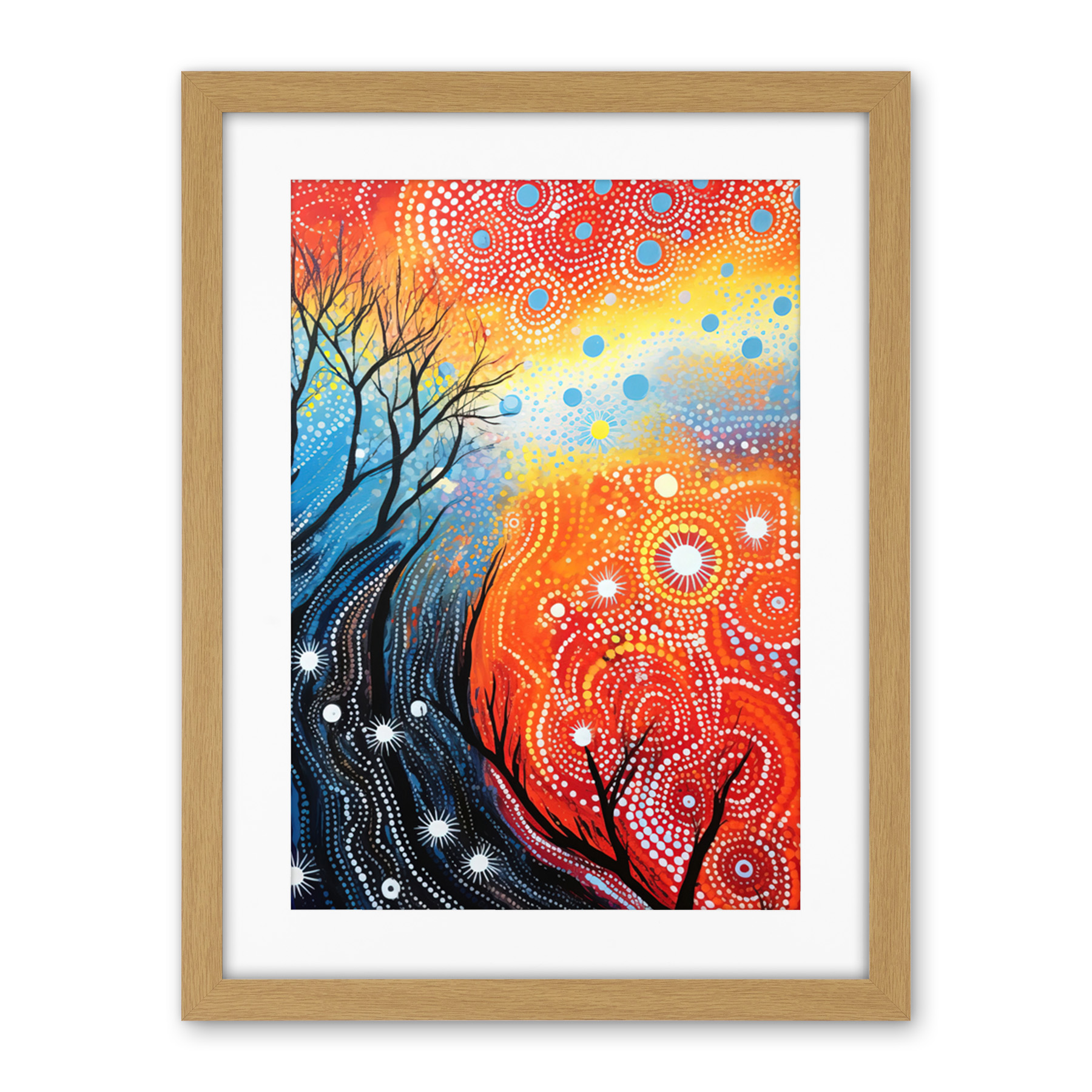 Contemporary Aboriginal Artwork in Blue and Orange Framed Wall Art Print 18X24