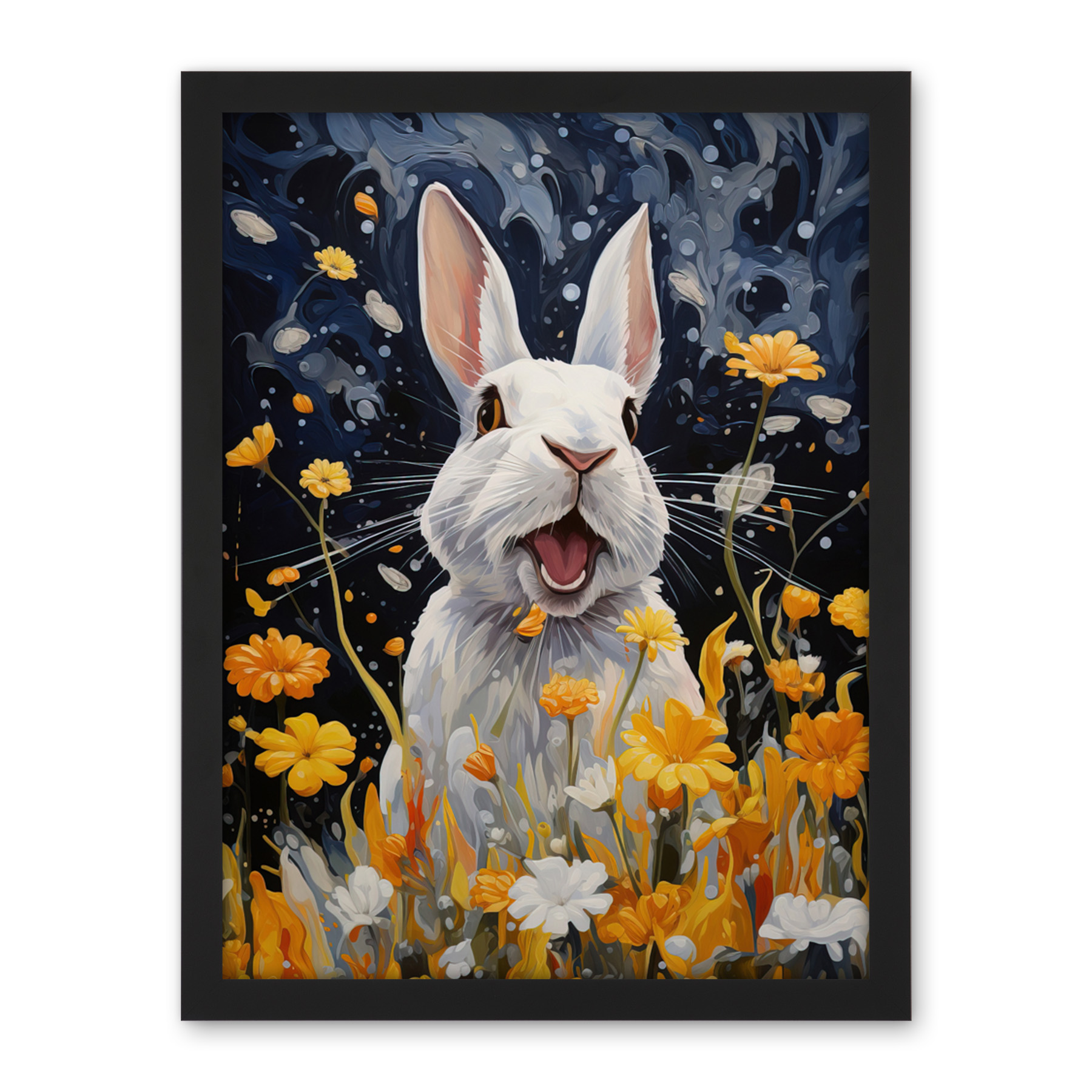 Moonlit White Rabbit Painting Playing with Yellow Flowers Framed Art 18X24 - Bild 2 von 25