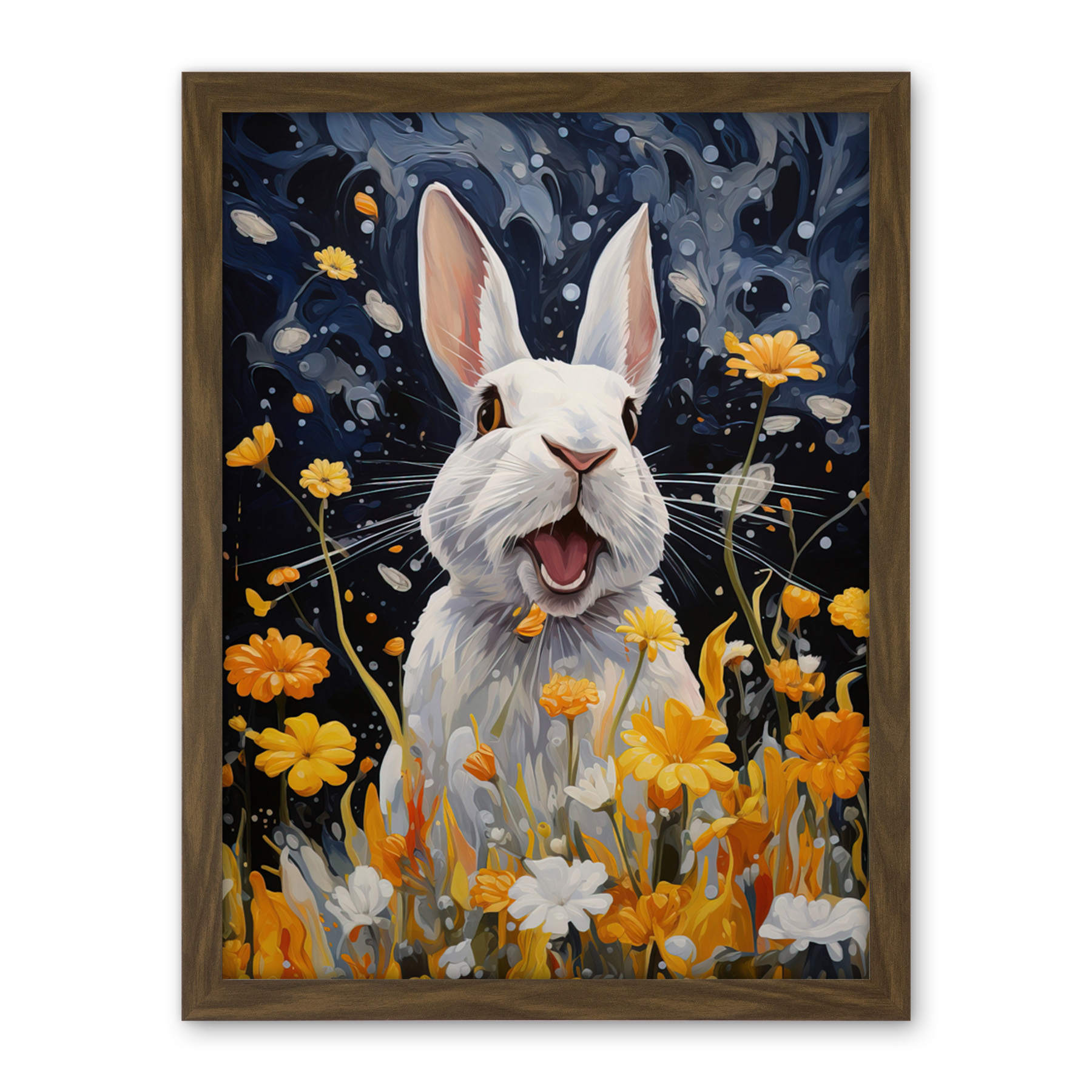 Moonlit White Rabbit Painting Playing with Yellow Flowers Framed Art 18X24 - Bild 8 von 25