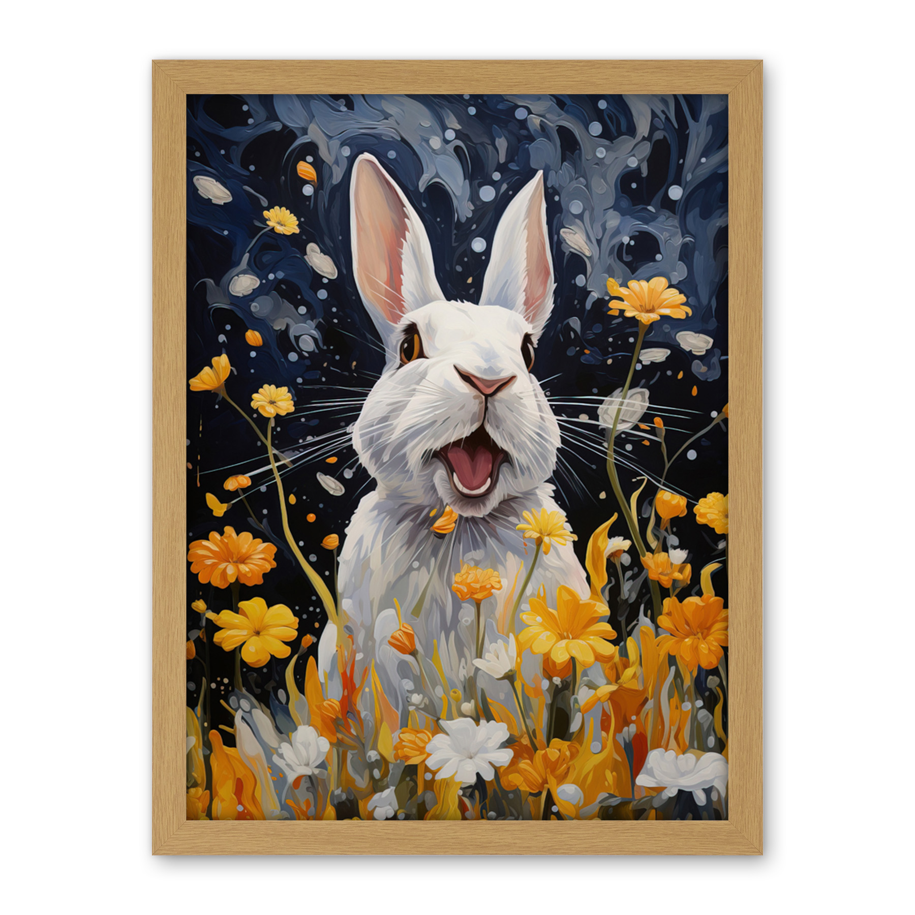 Moonlit White Rabbit Painting Playing with Yellow Flowers Framed Art 18X24 - Bild 14 von 25