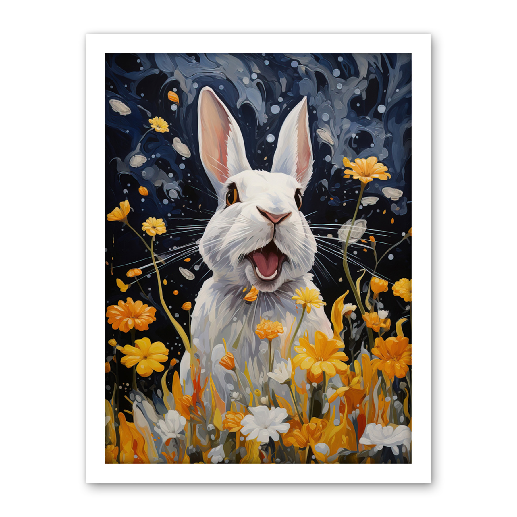 Moonlit White Rabbit Painting Playing with Yellow Flowers Framed Art 18X24 - Bild 20 von 25