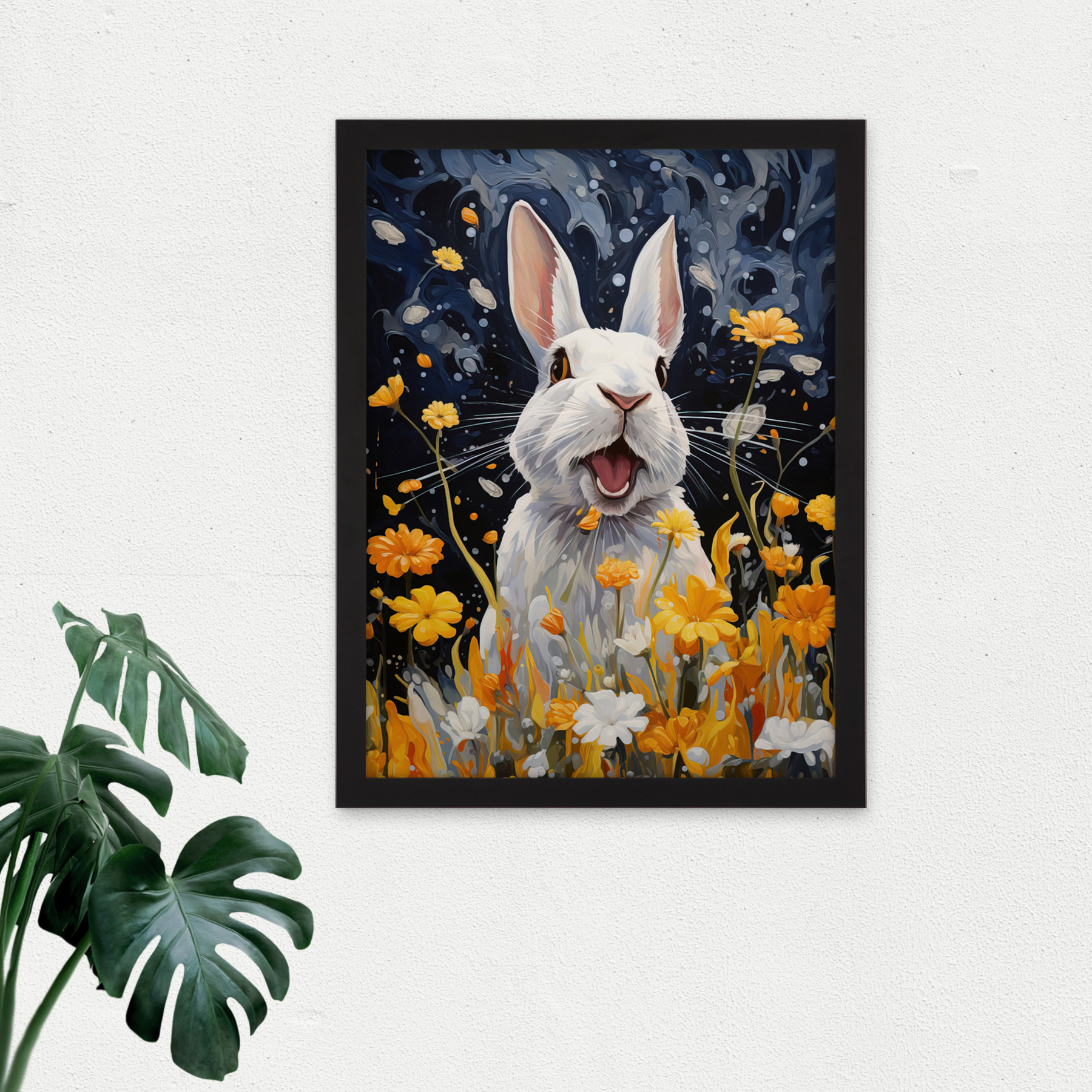 Moonlit White Rabbit Painting Playing with Yellow Flowers Framed Art 18X24 - Bild 3 von 25