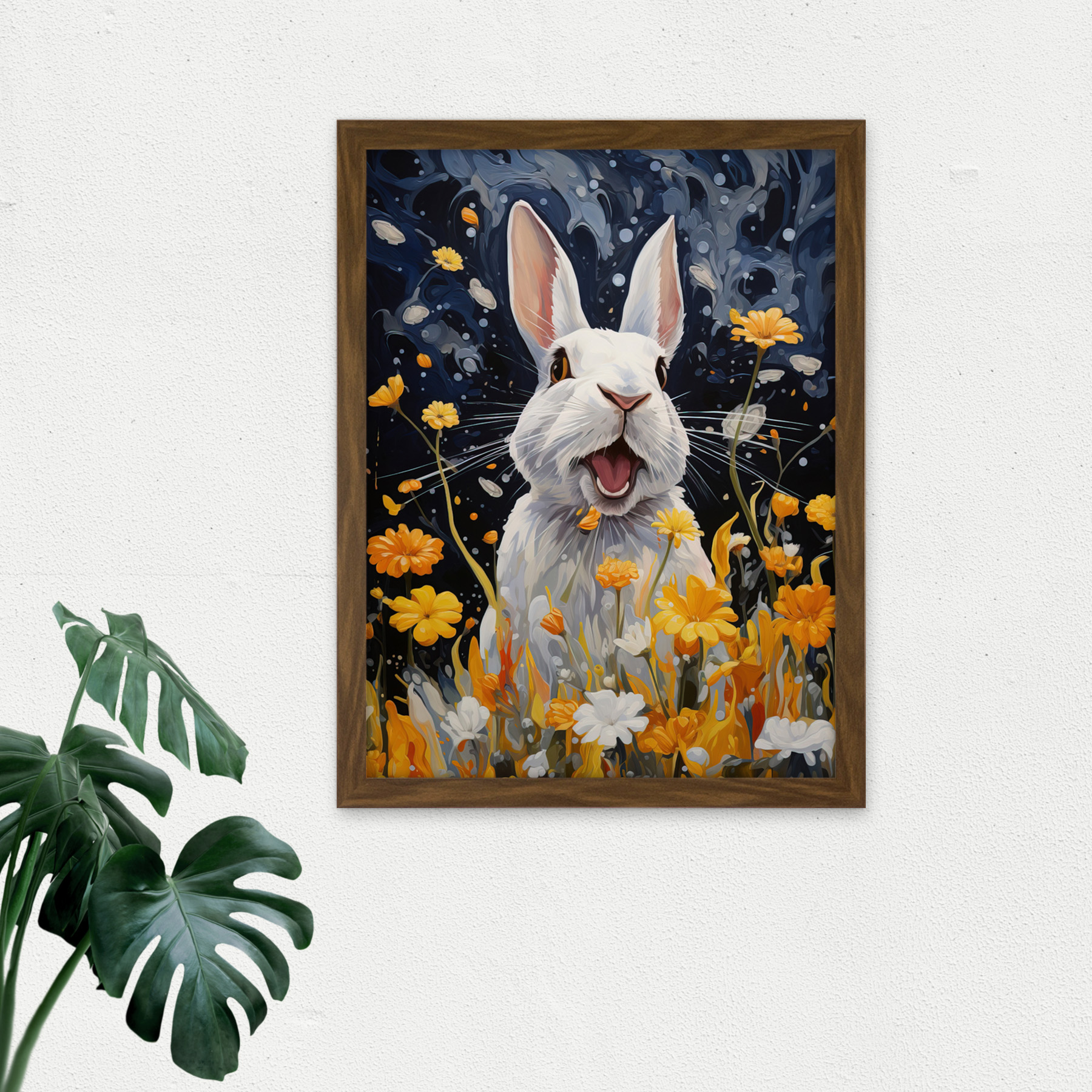 Moonlit White Rabbit Painting Playing with Yellow Flowers Framed Art 18X24 - Bild 9 von 25