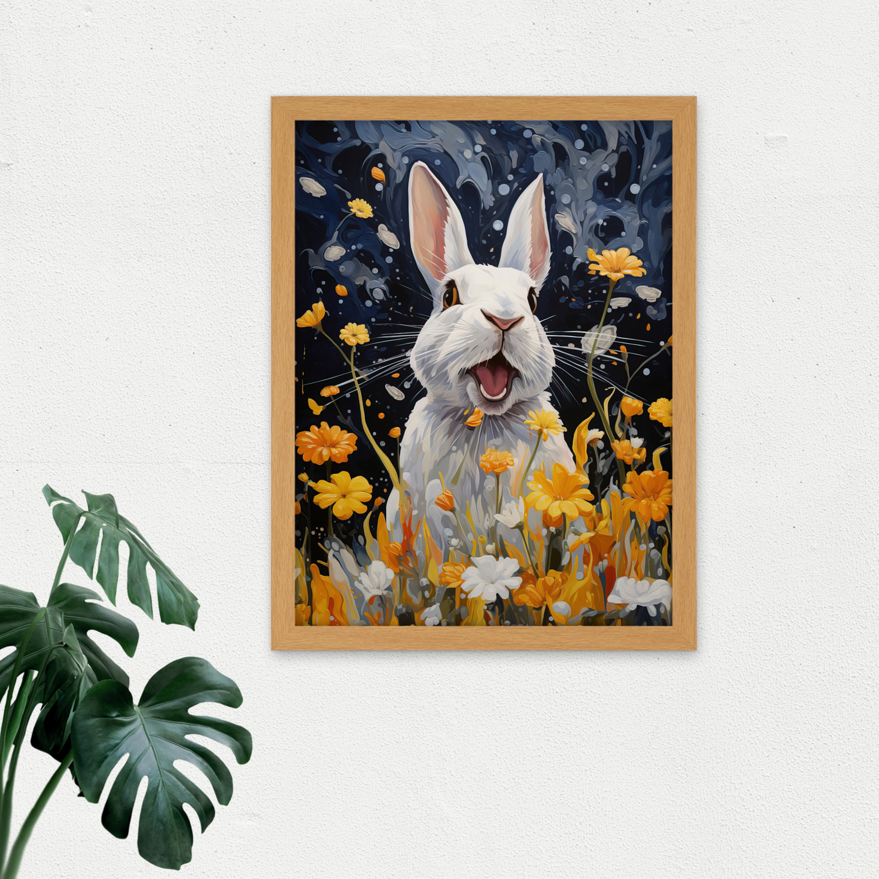 Moonlit White Rabbit Painting Playing with Yellow Flowers Framed Art 18X24 - Bild 15 von 25