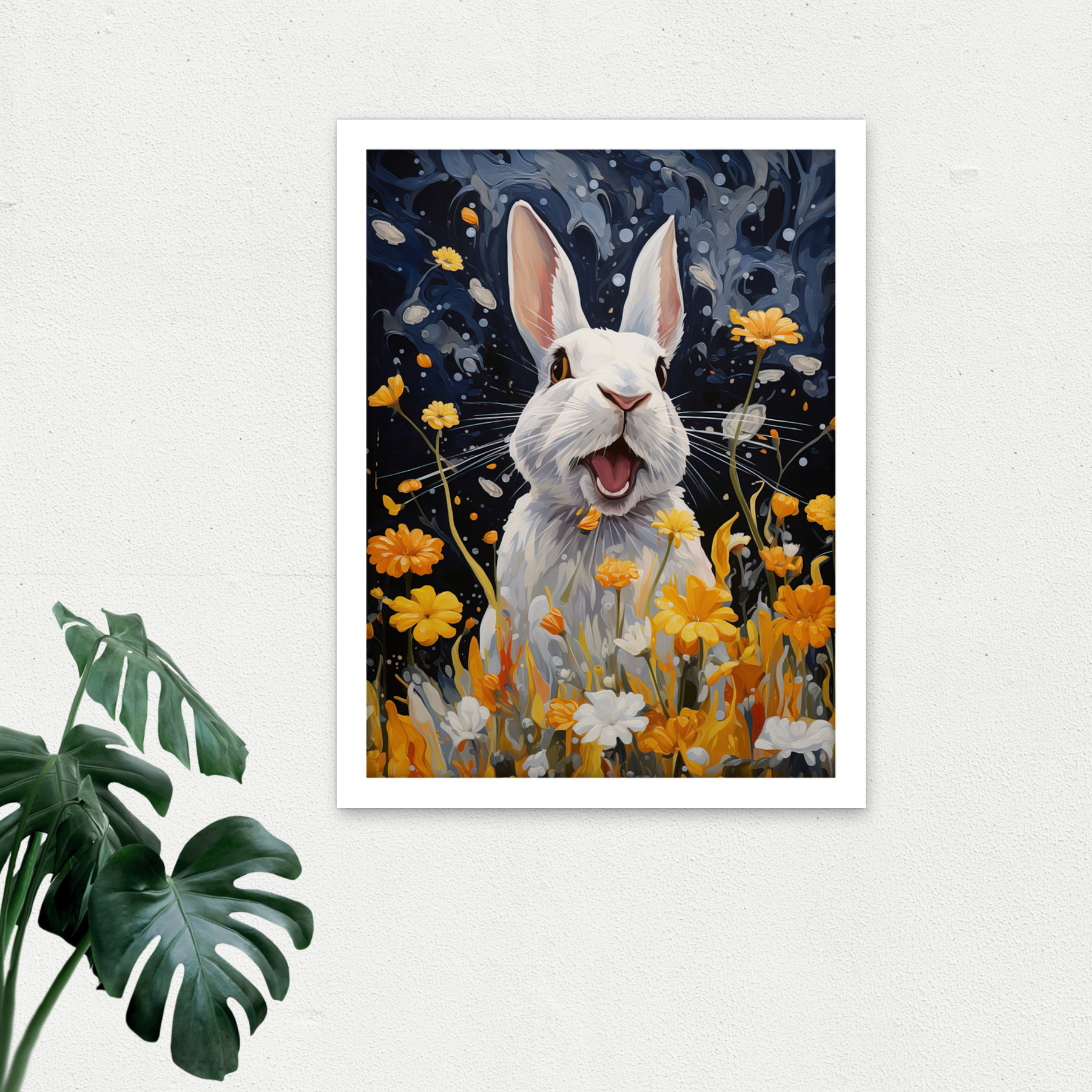 Moonlit White Rabbit Painting Playing with Yellow Flowers Framed Art 18X24 - Bild 21 von 25