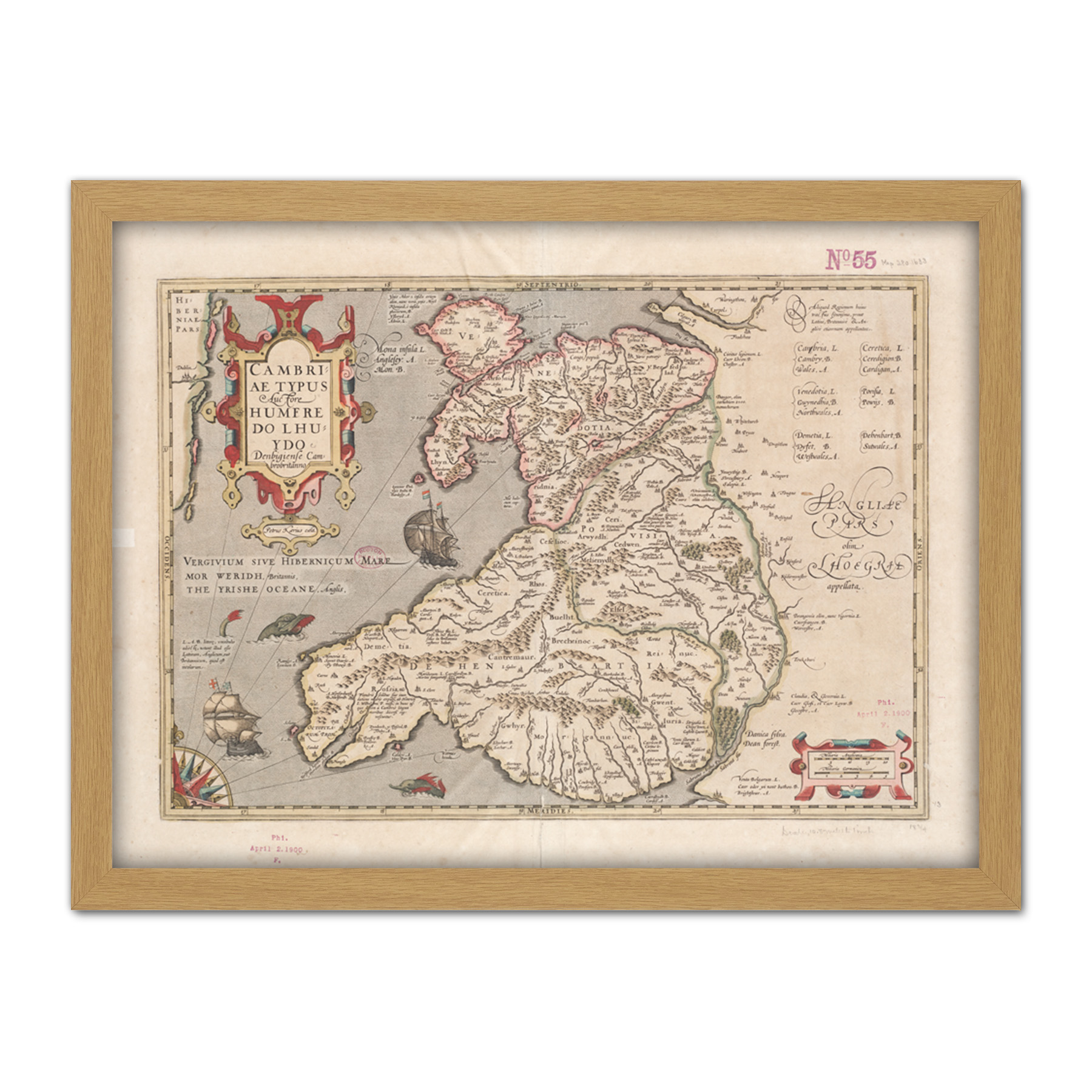 Hondius 1633 Welsh Latin Early Map Wales Cymru Large Wall Art Print 18X24 In