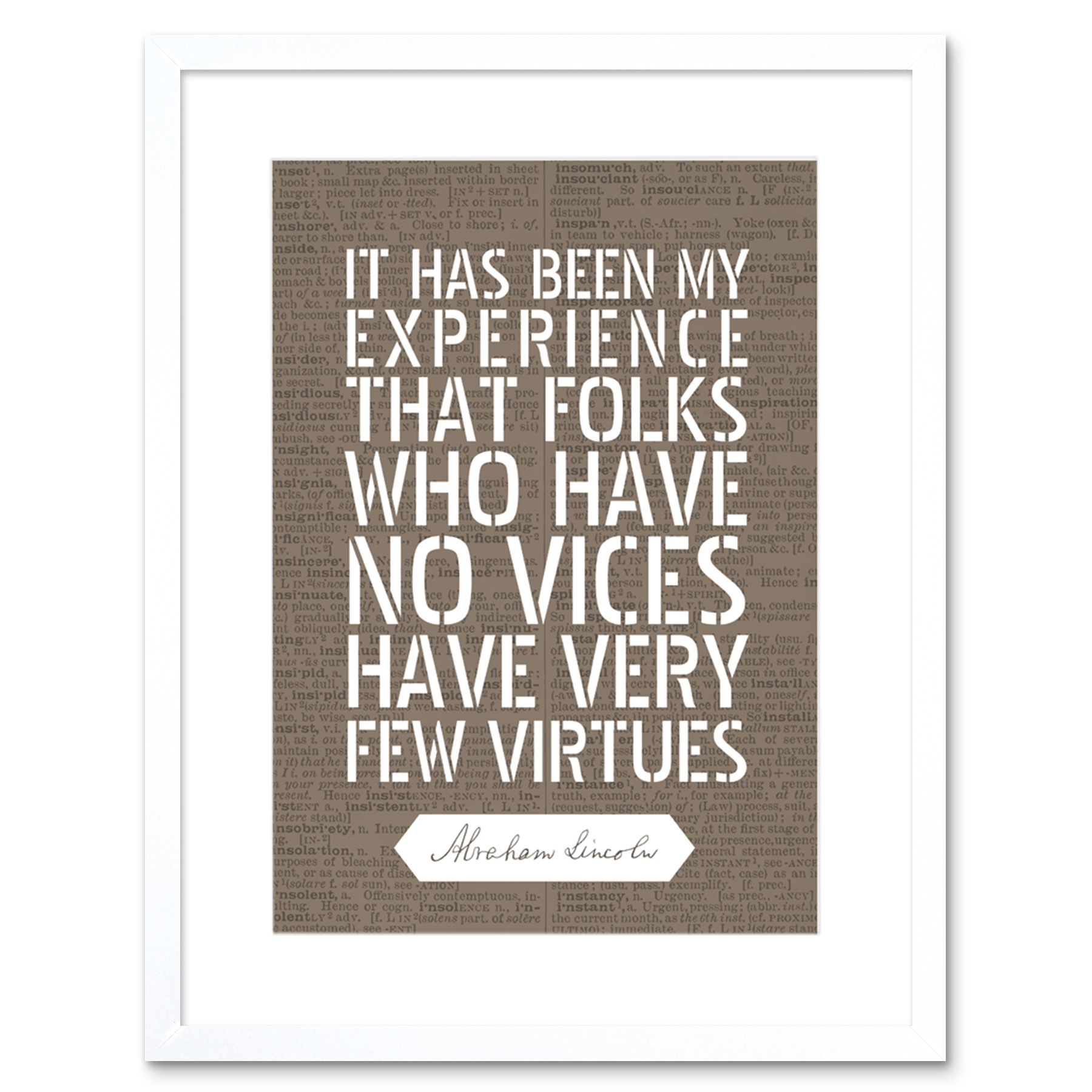 Dictionary Page Quote Abraham Lincoln Vices Virtues Framed Wall Art Print 9X7 In