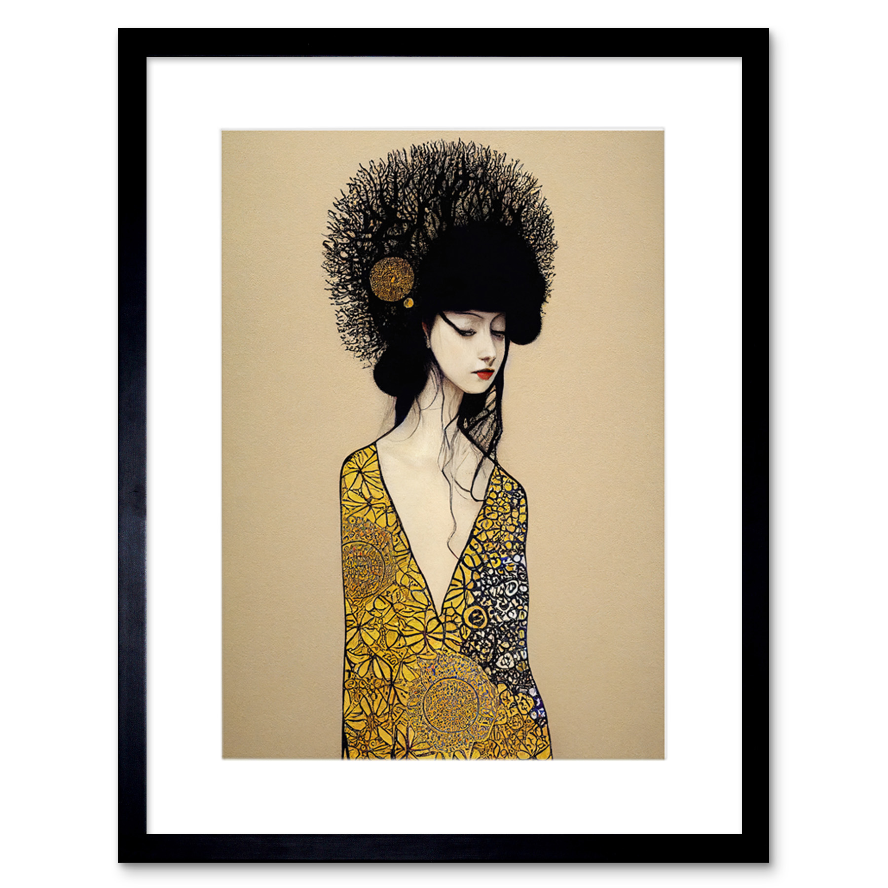 Gold Geisha Girl Abstract Elegant Painting Framed Wall Art Print Picture 9X7 In