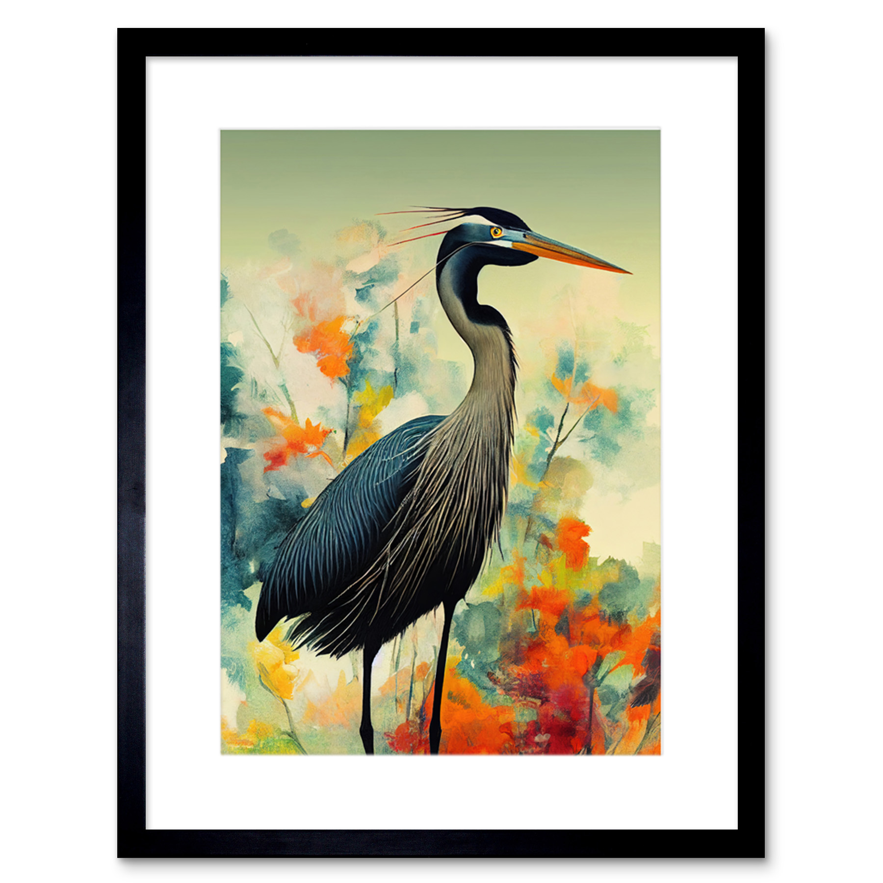 Heron Bird Flower Field Teal Orange Navy Framed Wall Art Print Picture 9X7 In