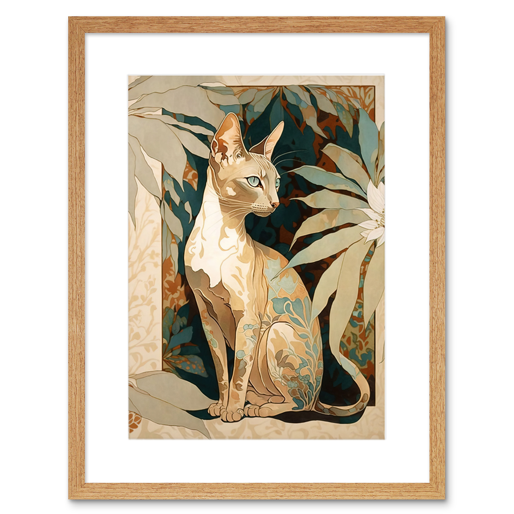 Oriental Shorthair Cat Modern Art Nouveau Framed Wall Art Print Picture 9X7 In