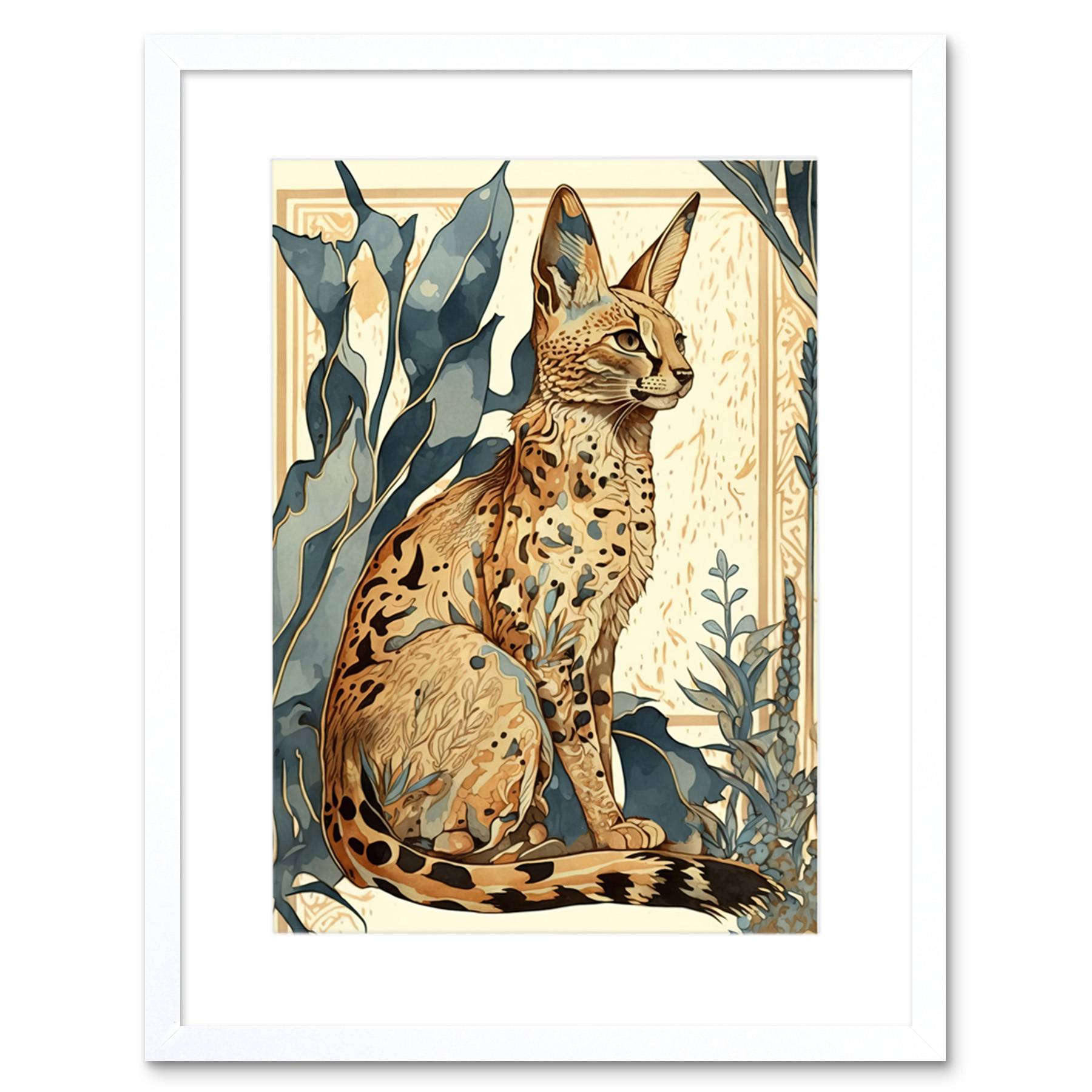 Serval Cat with Plants Modern Watercolour Framed Wall Art Print Picture 9X7 In
