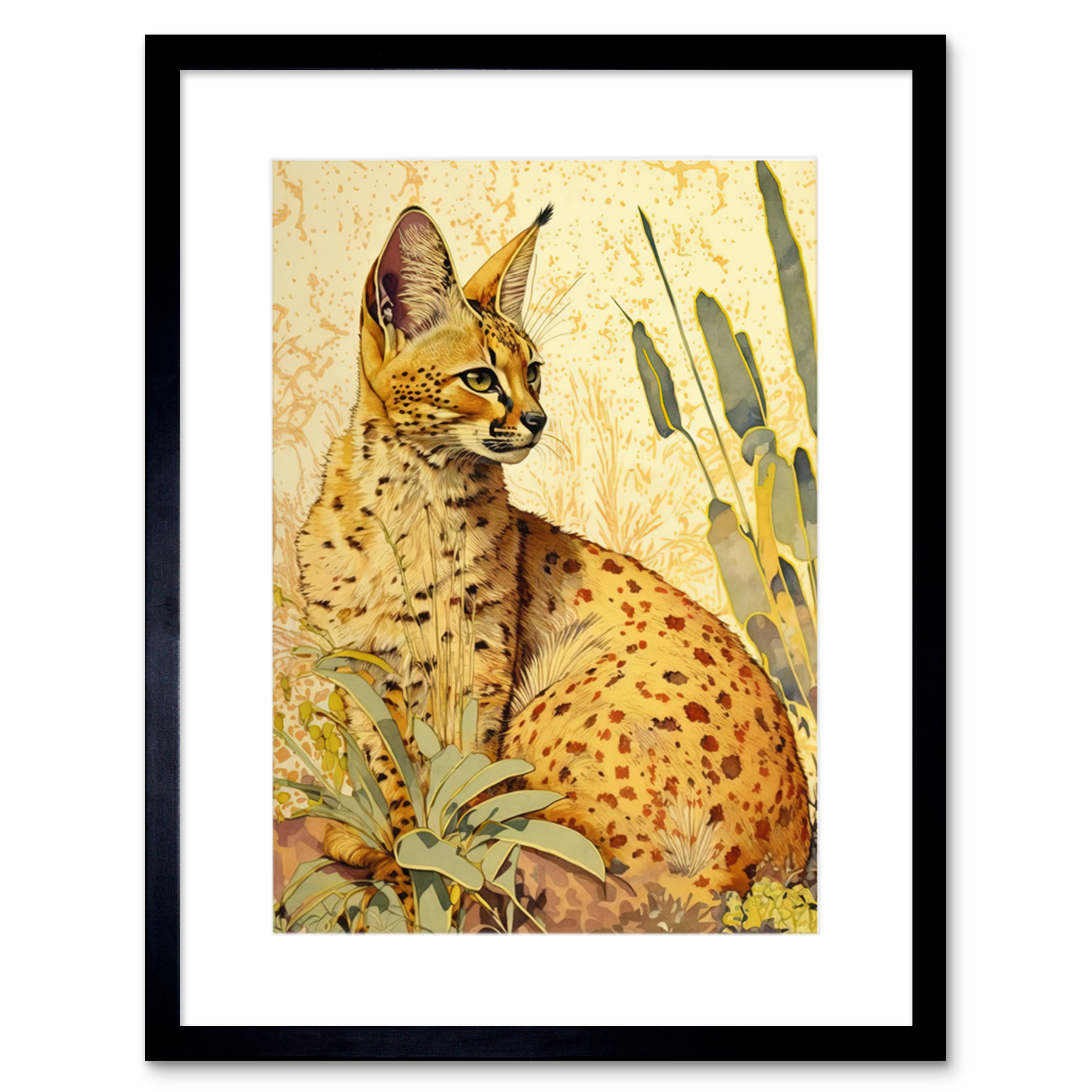 Serval Cat in Nature Bright Watercolour Framed Wall Art Print Picture 9X7 In