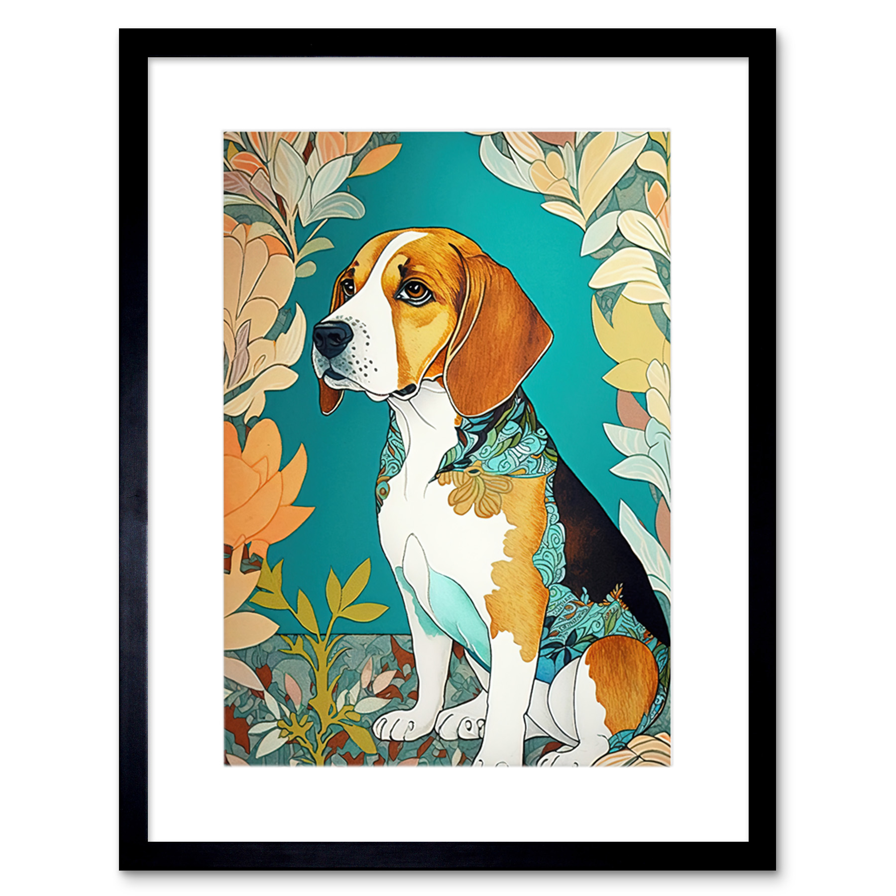 Beagle Dog Floral Ornate Fur Colourful Framed Wall Art Print Picture 9X7 In