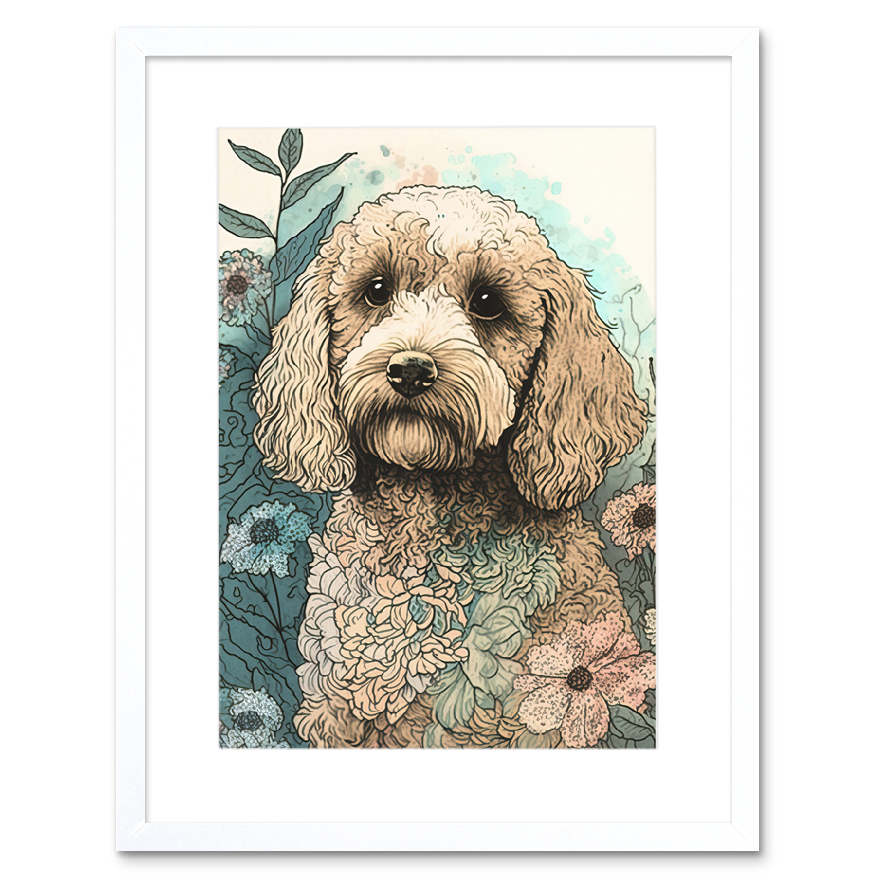 Cockapoo Dog Wildflower Field Watercolour Framed Wall Art Print Picture 9X7 In